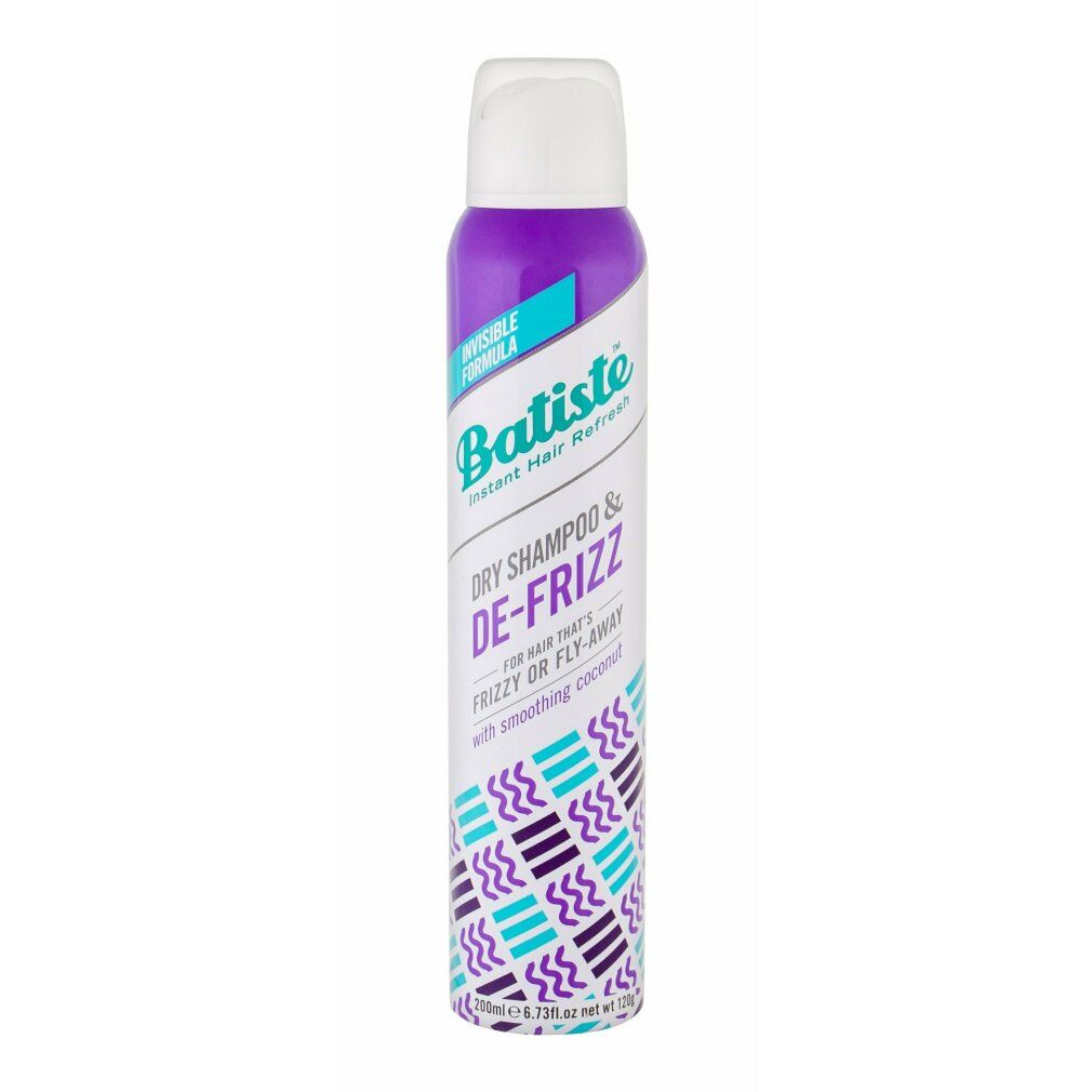 Batiste Trockenshampoo & De-Frizz in lila und weißer Dose mit Wellenmuster.