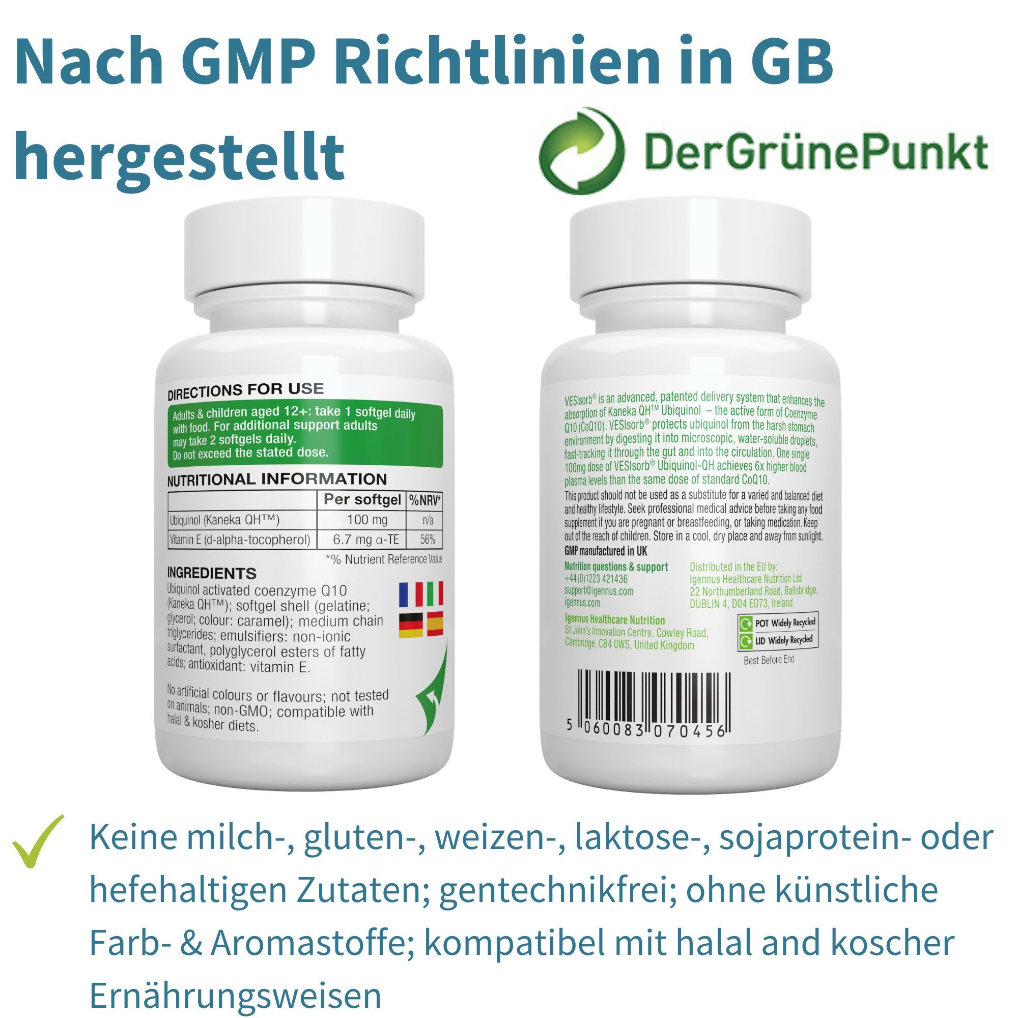 Igennus Ubiquinol-QH Behälter, hergestellt nach GMP-Richtlinien, mit Siegeln.