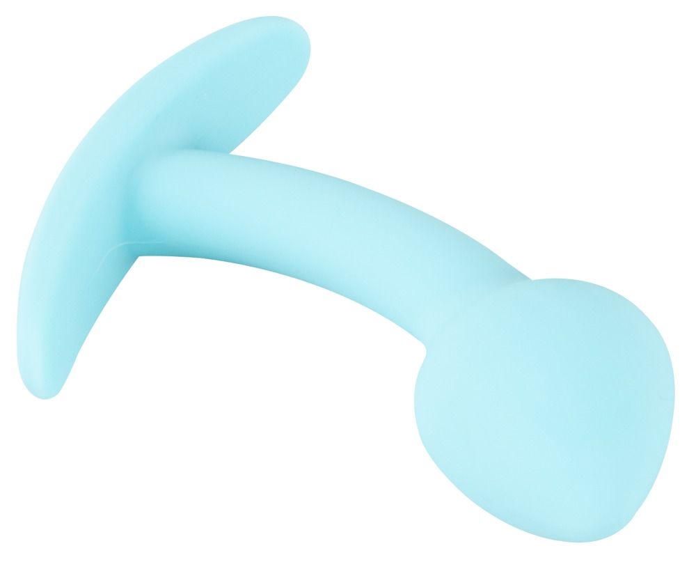 Hellblauer Analplug mit gebogener Form. Besteht aus einem runden Kopf, einem gebogenen Schaft und einem flachen, gebogenen Boden.