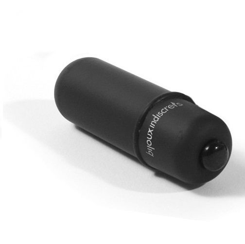 Schwarzer, zylindrischer Massageball mit abgerundeten Enden. Aufschrift "bijouxindiscrets". Schwarzer Knopf am Ende.
