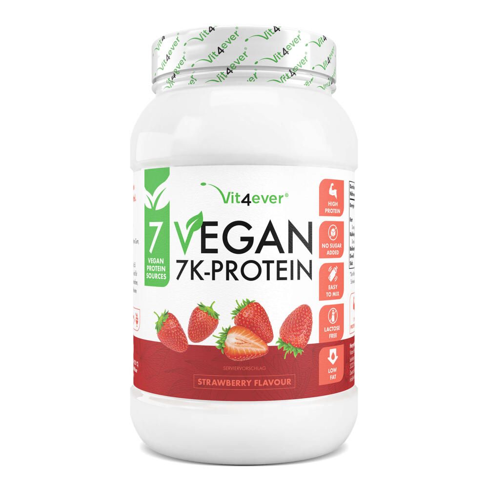 Weißes Vit4ever Vegan 7K Protein-Behälter mit Erdbeer-Geschmack. Aufschrift: 7 Vegan 7K-PROTEIN. Erdbeeren abgebildet.