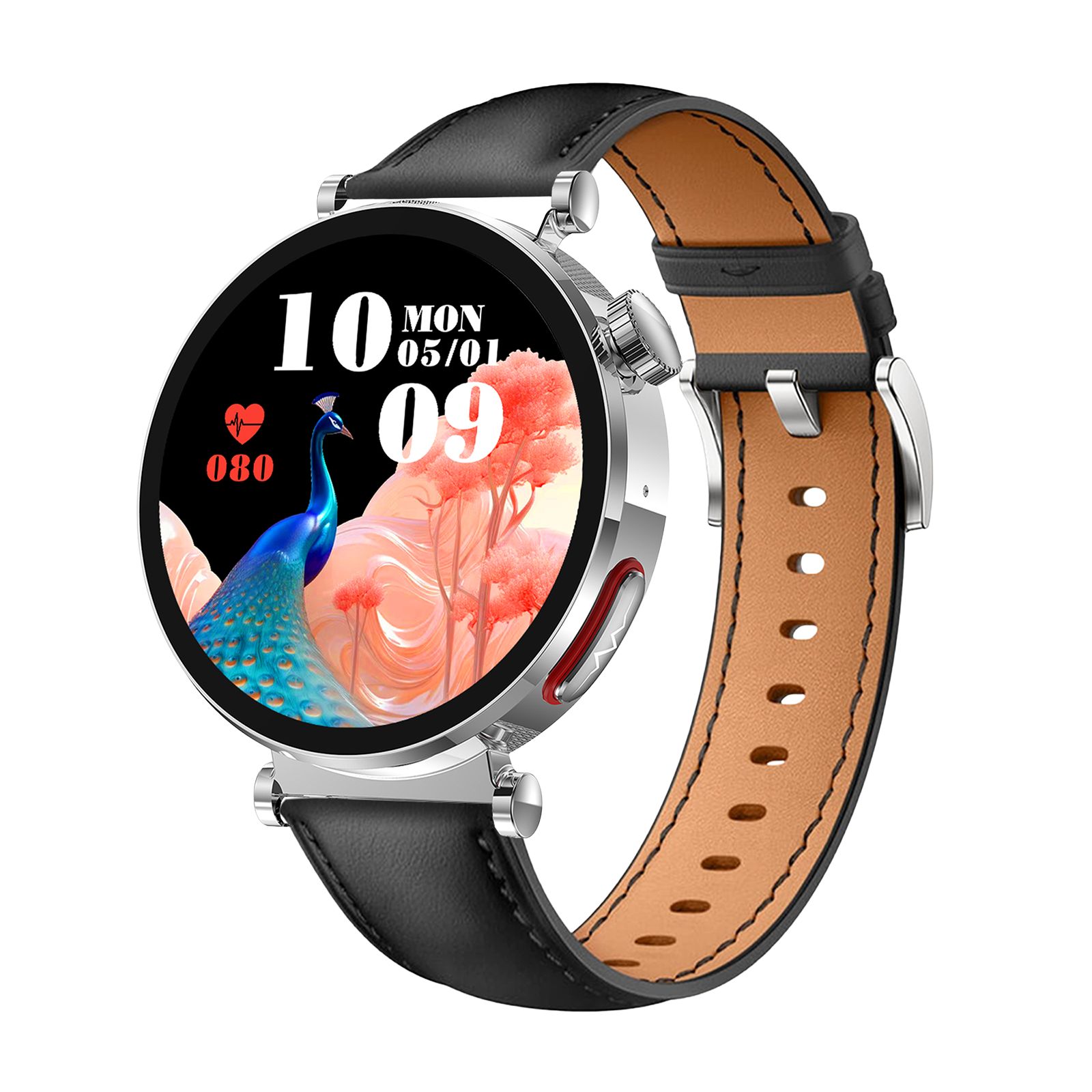 Smartwatch mit rundem Zifferblatt, schwarzem Lederarmband und silbernem Gehäuse. Zifferblatt mit Datum, Uhrzeit und Herzfrequenzanzeige.