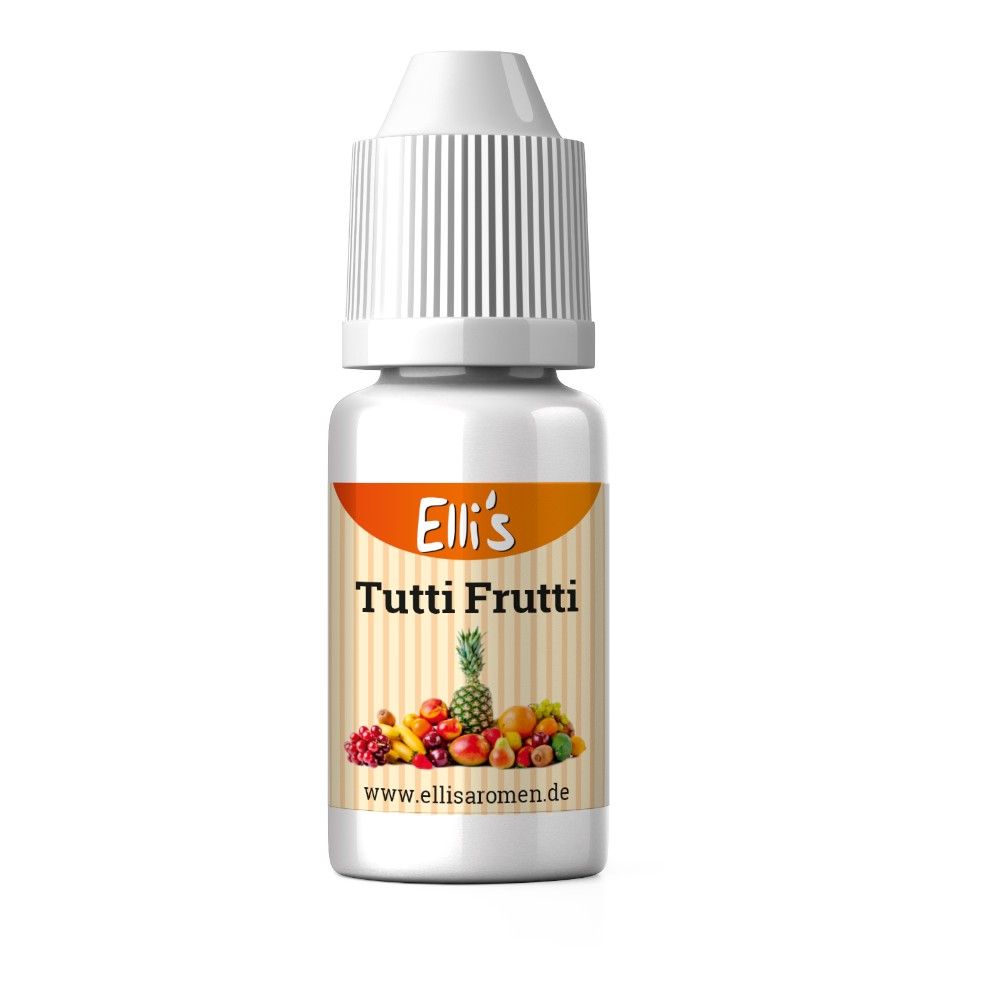 Lebensmittelaroma-Fläschchen mit Etikett. Aufschrift: Elli's Tutti Frutti. Abbildung von Früchten. Weißer Schraubverschluss.