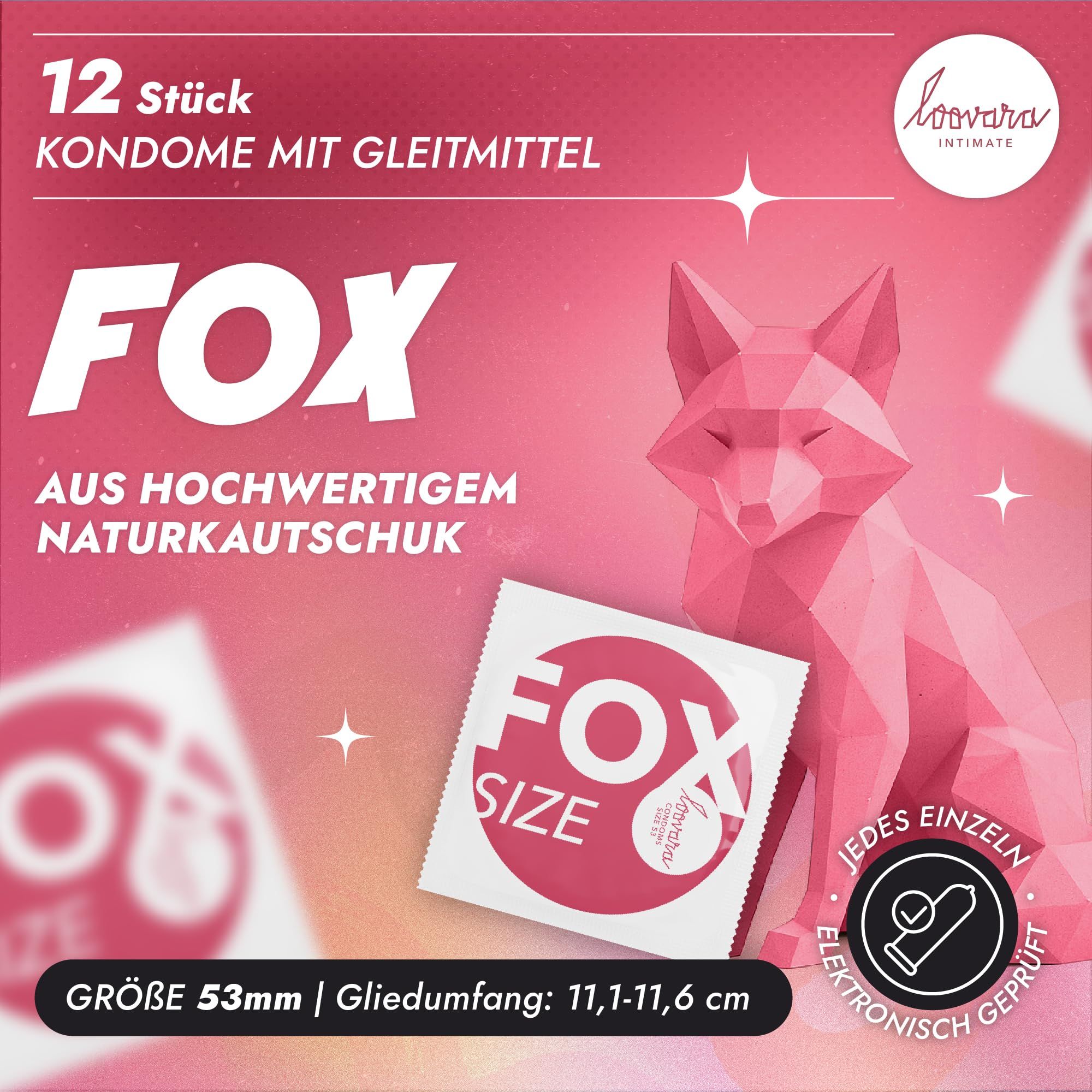 Loovara Kondompackung mit 3D-Fuchs-Illustration, 12 Stück.