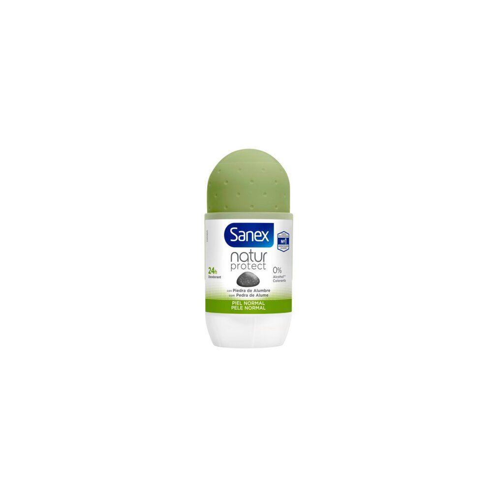 Roll-on-Deodorant Sanex Natur Protect. Weißes Gehäuse, grüner Deckel. Aufschrift: Sanex natur protect, 0% Aluminium.