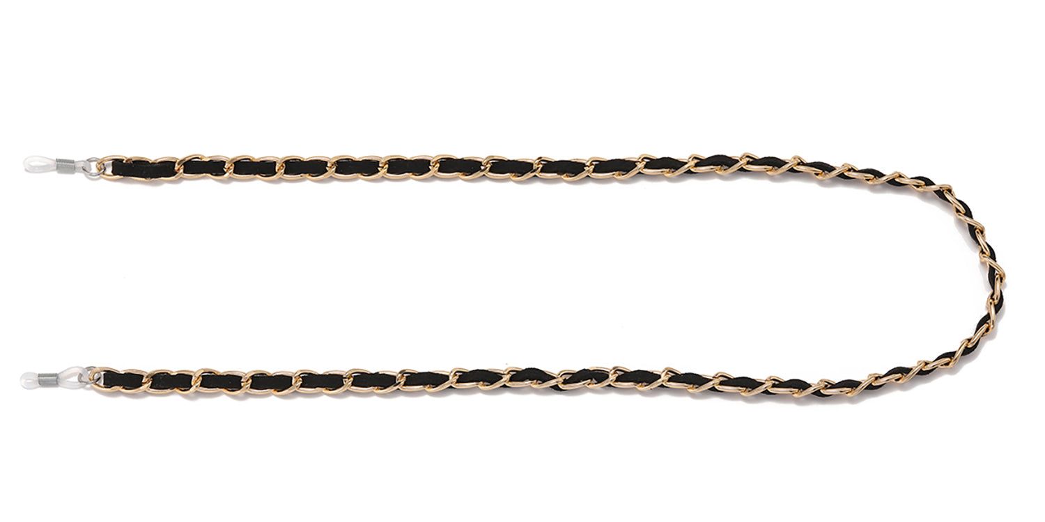 Brillenkette, schwarz-goldfarben, geflochtenes Design. Enden mit Schlaufen zur Befestigung an Brillenbügeln. Auf weißem Hintergrund.