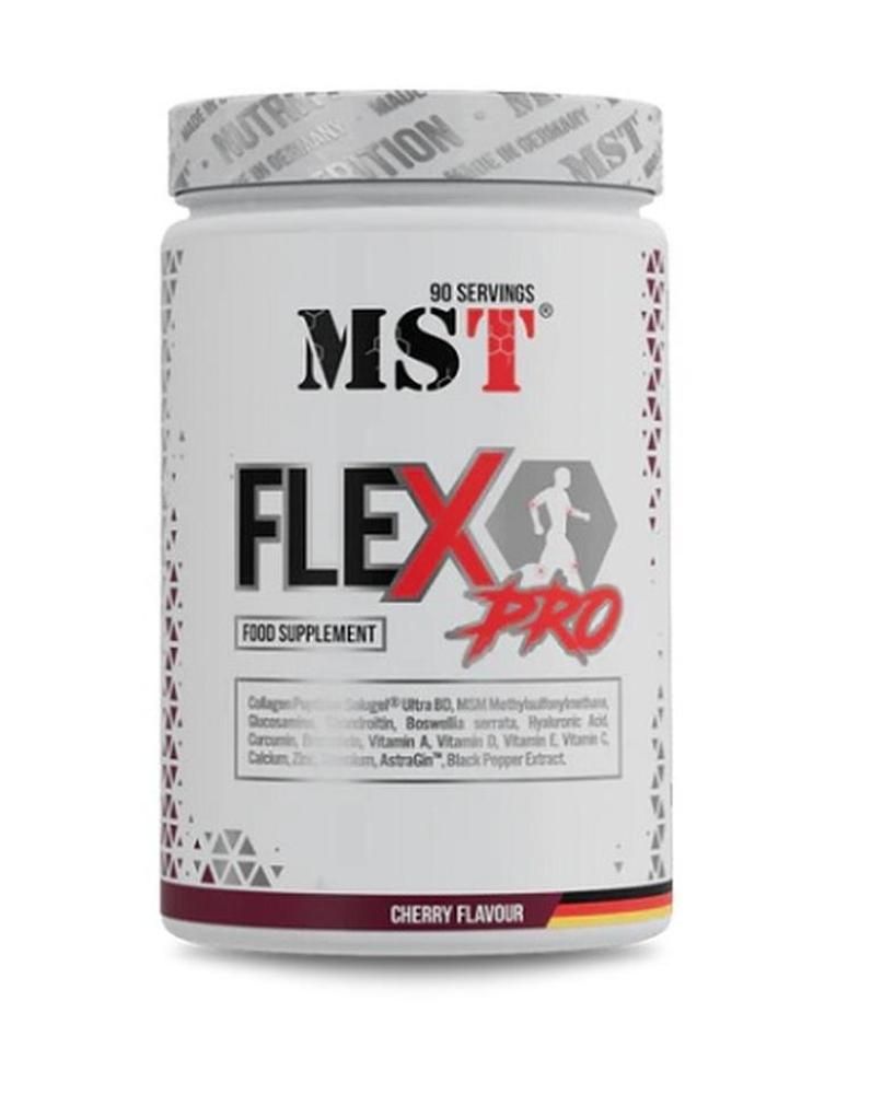 Weißes Supplement-Behälter mit roter und schwarzer Schrift. Aufschrift: MST FLEX PRO, 90 Portionen. Kirschgeschmack.