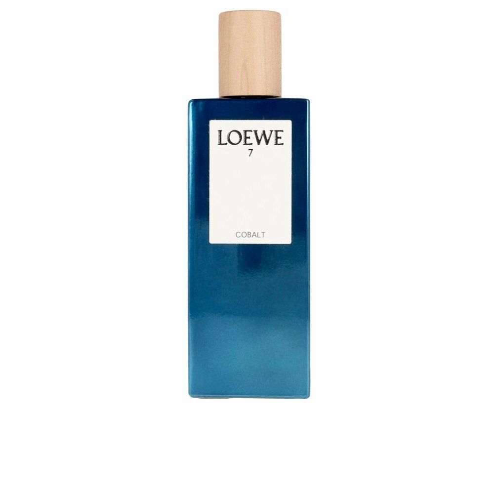 Loewe 7 Cobalt Eau de Parfum Spray. Rechteckige, blaue Flasche mit Holzverschluss und weißem Etikett. Logo und Produktbezeichnung.