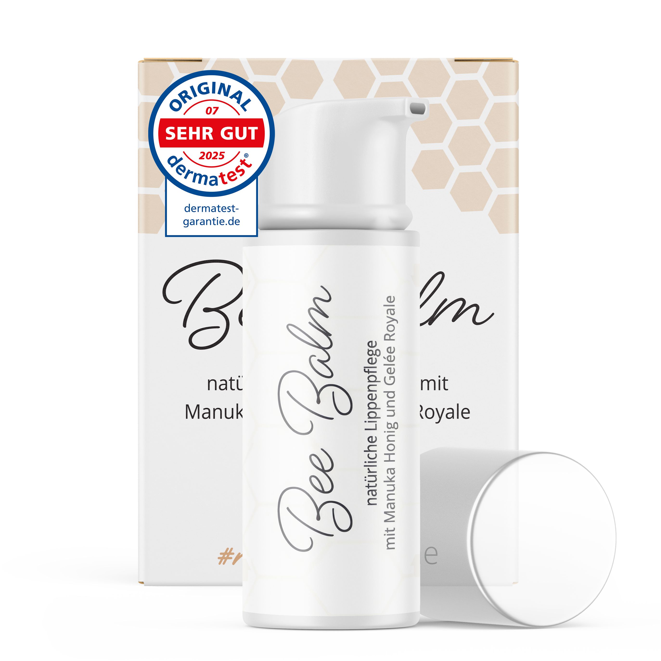 Weißes Bedrop Bee Balm mit Spender und Verpackung. Aufschrift: natürliche Lippenpflege mit Manuka Honig und Gelée Royale. Dermatest-Siegel.