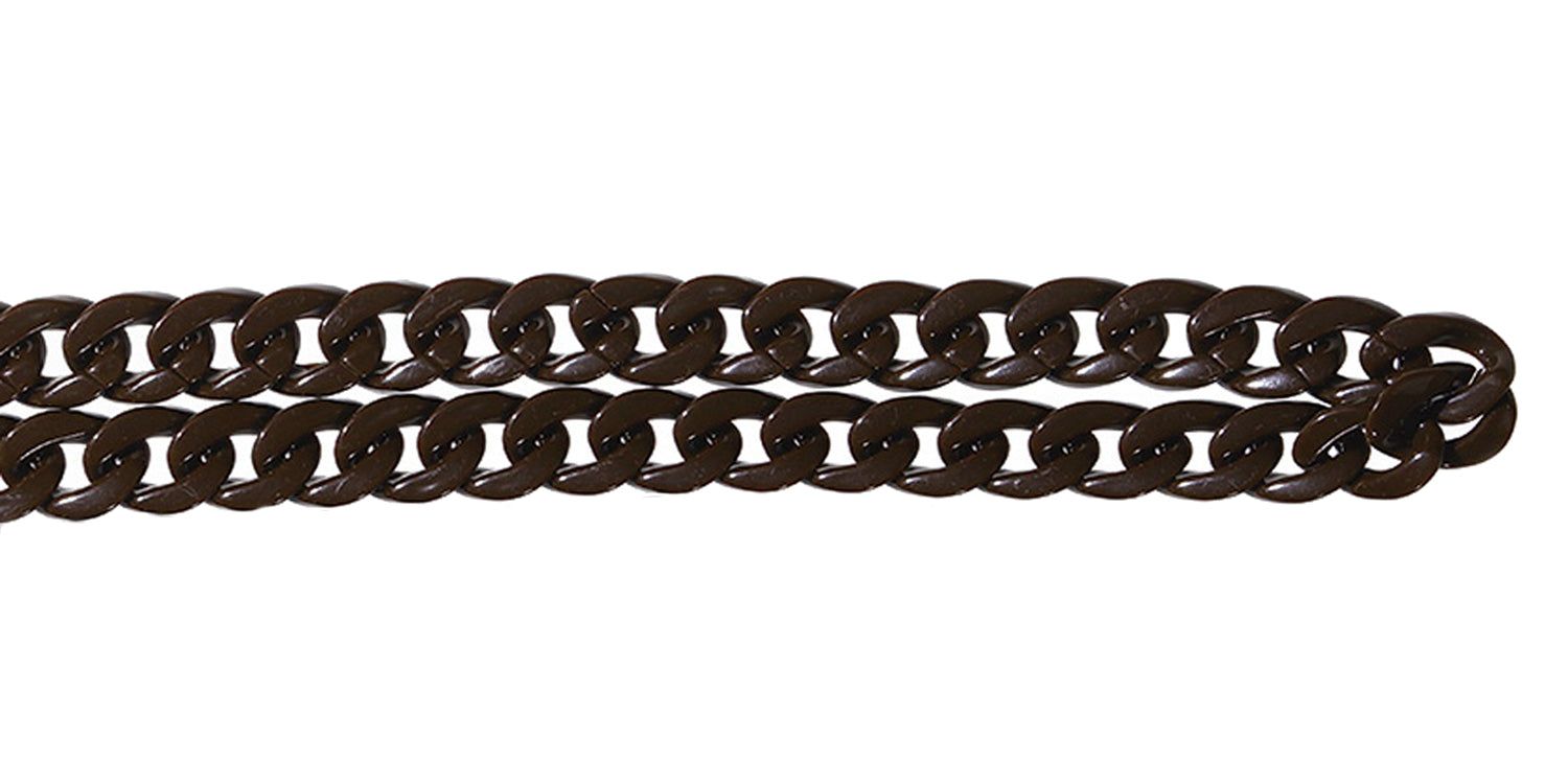 Braune Brillenkette, Kettenglieder, Metallverschlüsse. Horizontale Ansicht auf weißem Hintergrund.