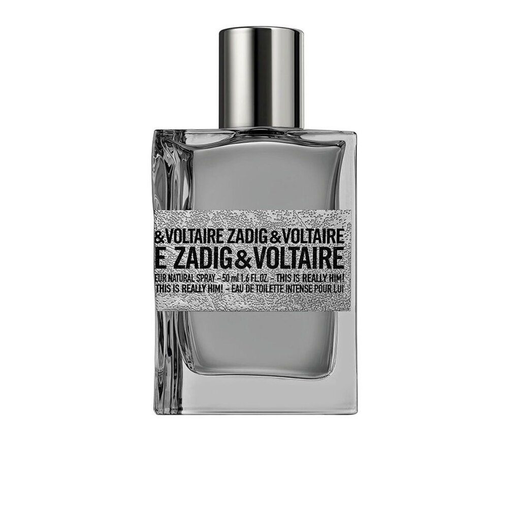 Glasflakon mit silberfarbenem Verschluss. Aufschrift: Zadig & Voltaire, This Is Really Him! EdT Intense Nat. Spray.