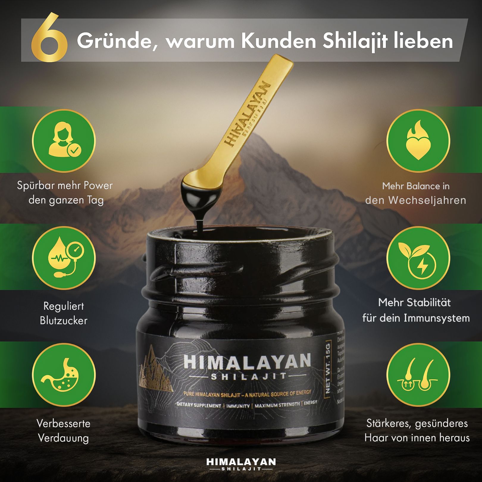 Glasbehälter mit schwarzem Inhalt. Löffel mit Produkt. Text: 6 Gründe, warum Kunden Shilajit lieben.