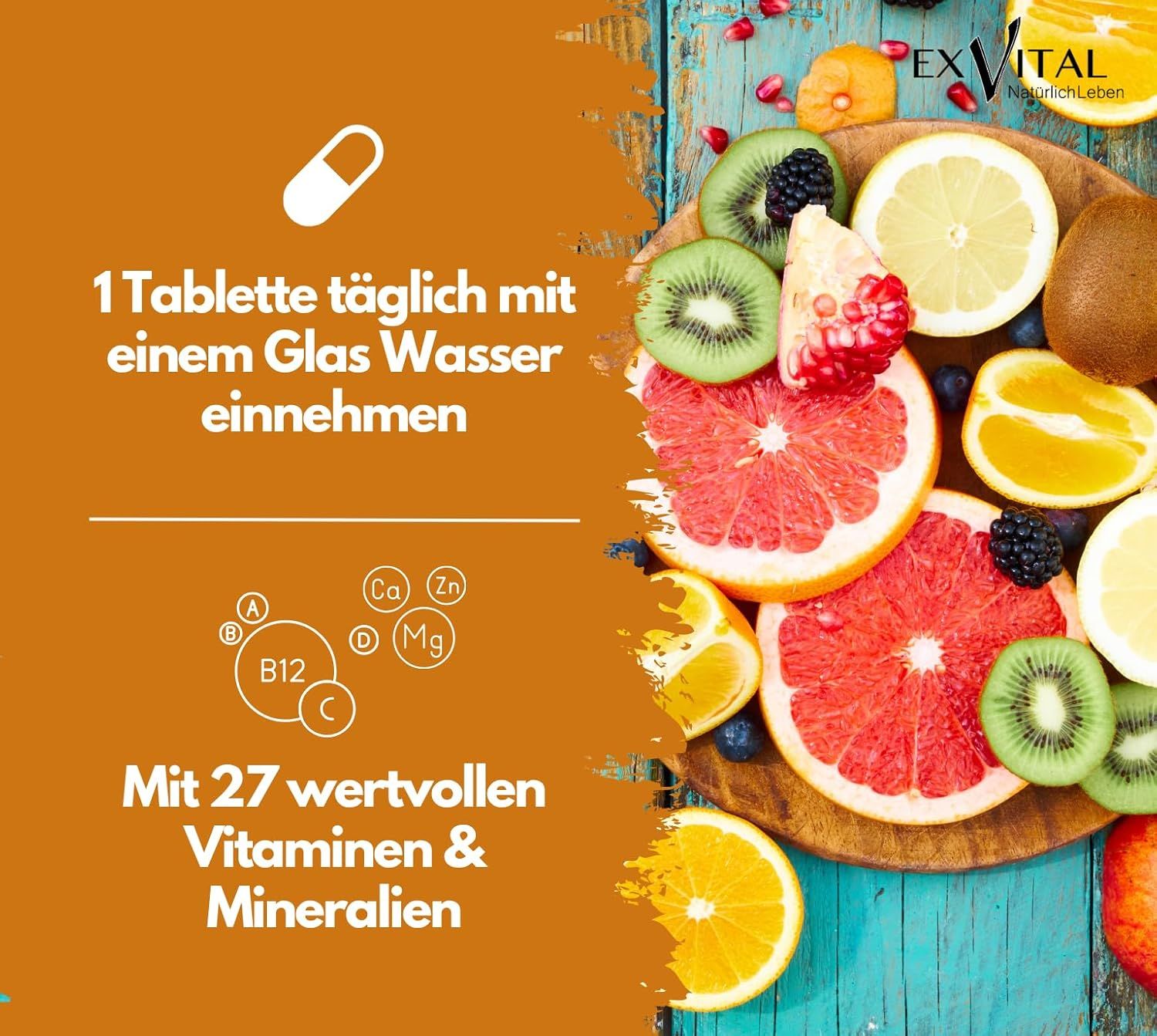 Obstauswahl auf Holzbrett. Text: 1 Tablette täglich mit Wasser. Vitamine B12, C, Ca, Zn, Mg. 27 Vitamine & Mineralien.