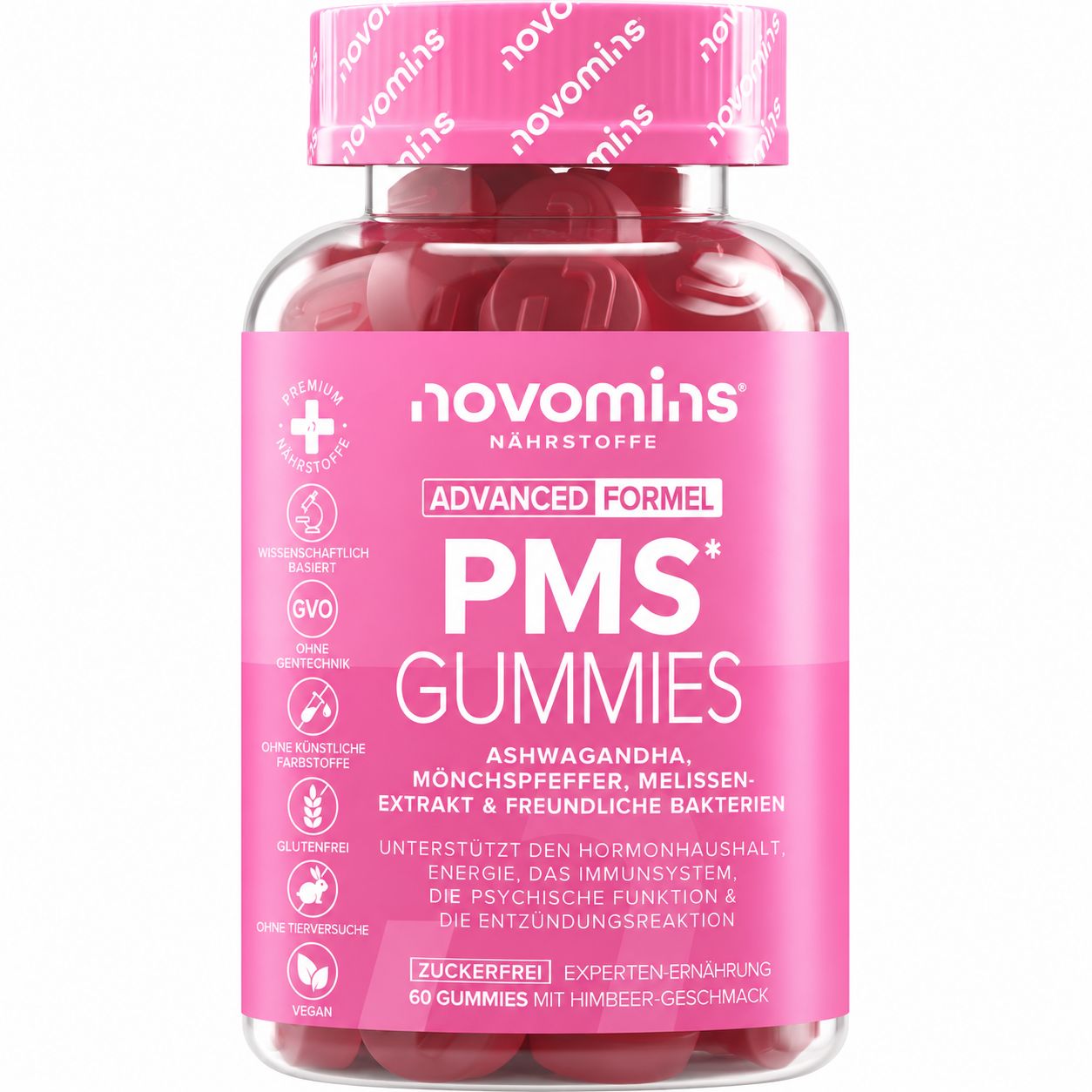 Flasche mit Novomins PMS Gummibärchen, "Advanced Formel".