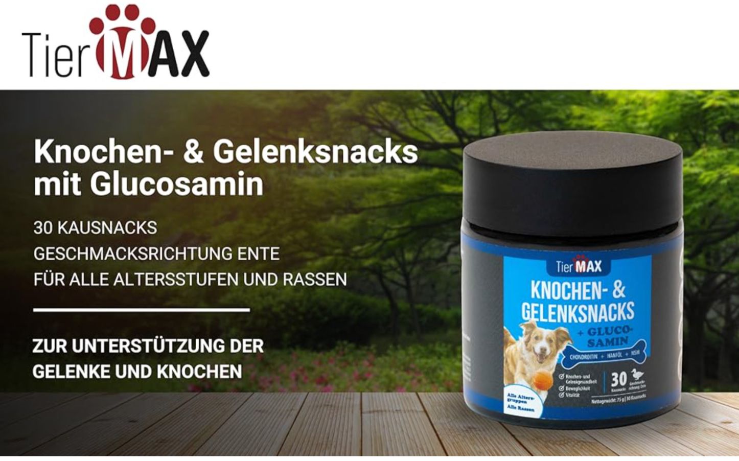 Dose TierMAX Knochen- & Gelenksnacks mit Glucosamin. 30 Kausnacks, Geschmacksrichtung Ente. Für alle Altersstufen und Rassen.