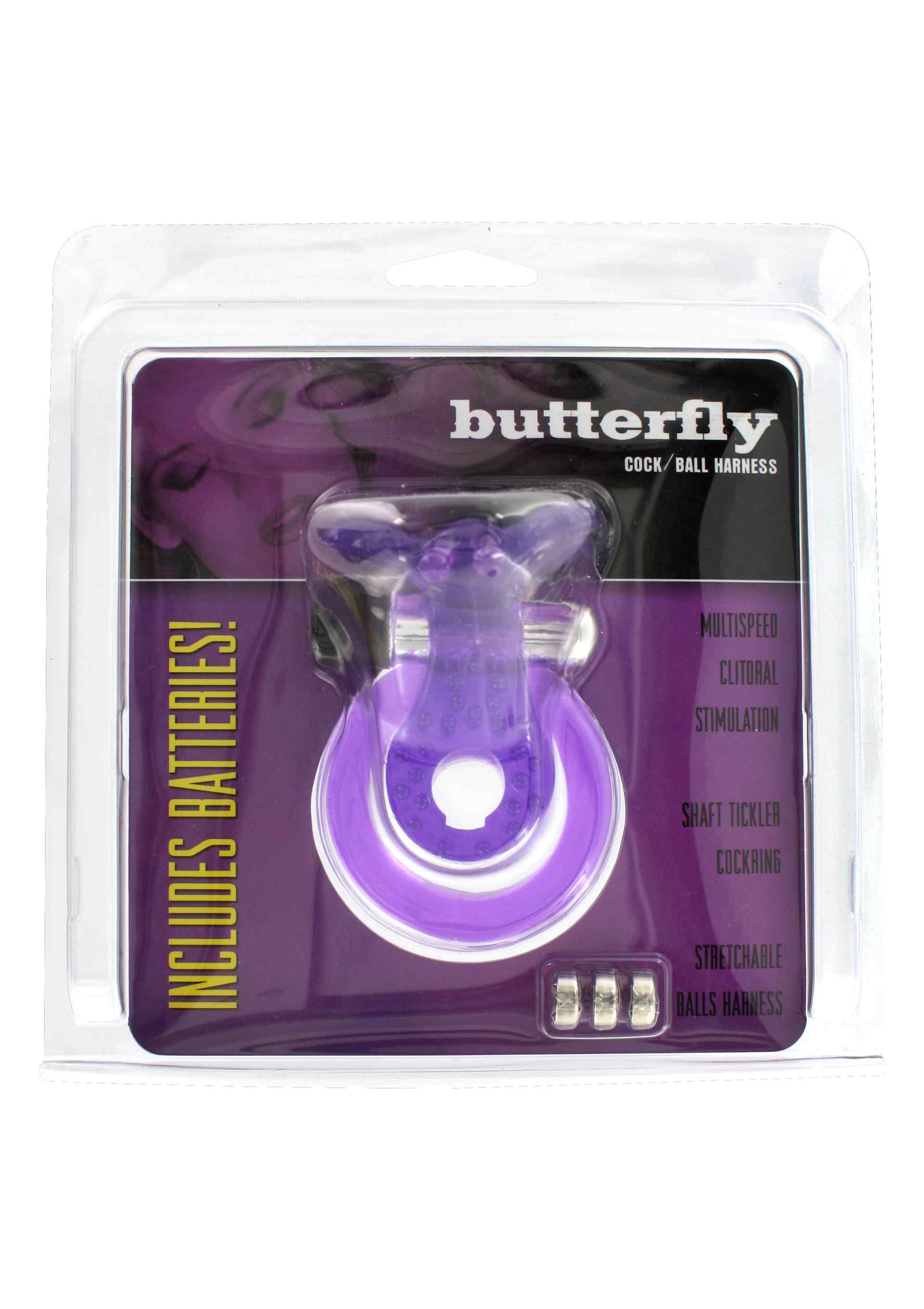 Verpackung mit lila Cock & Ball Ring. Enthält Batterien. Text: butterfly, Cock/Ball Harness, Multispeed, Stimulation.