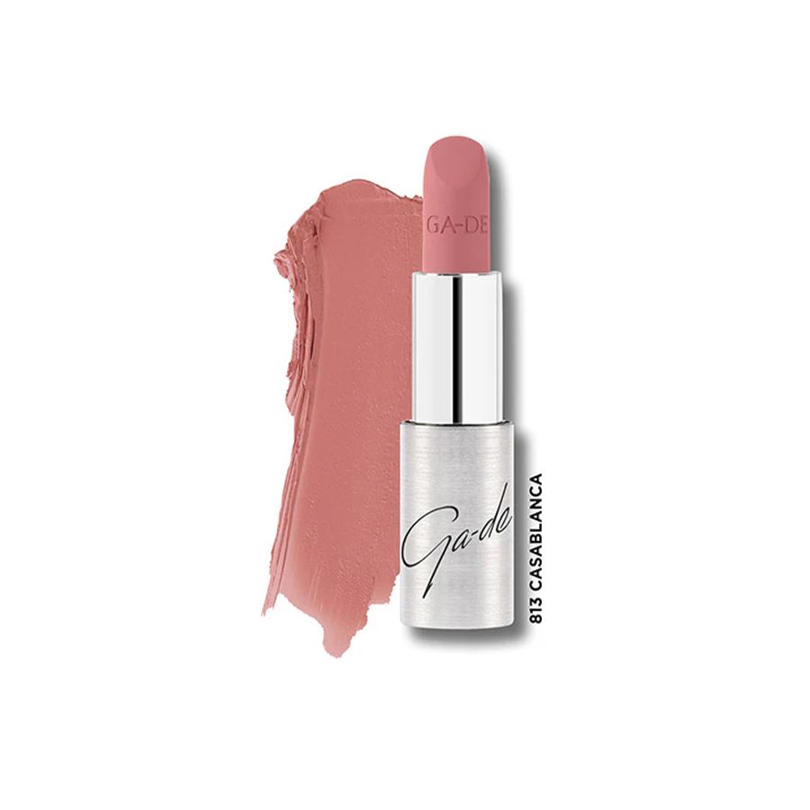 Ga-De Selfie Soft Matte Lipstick, Farbe 813 Casablanca. Rosafarbener Lippenstift mit Farbabstrich.