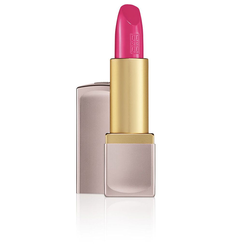 Geöffneter Lippenstift, rosafarbene Hülle. Der Lippenstift ist pink. Goldfarbener Schaft. Quadratische Form.