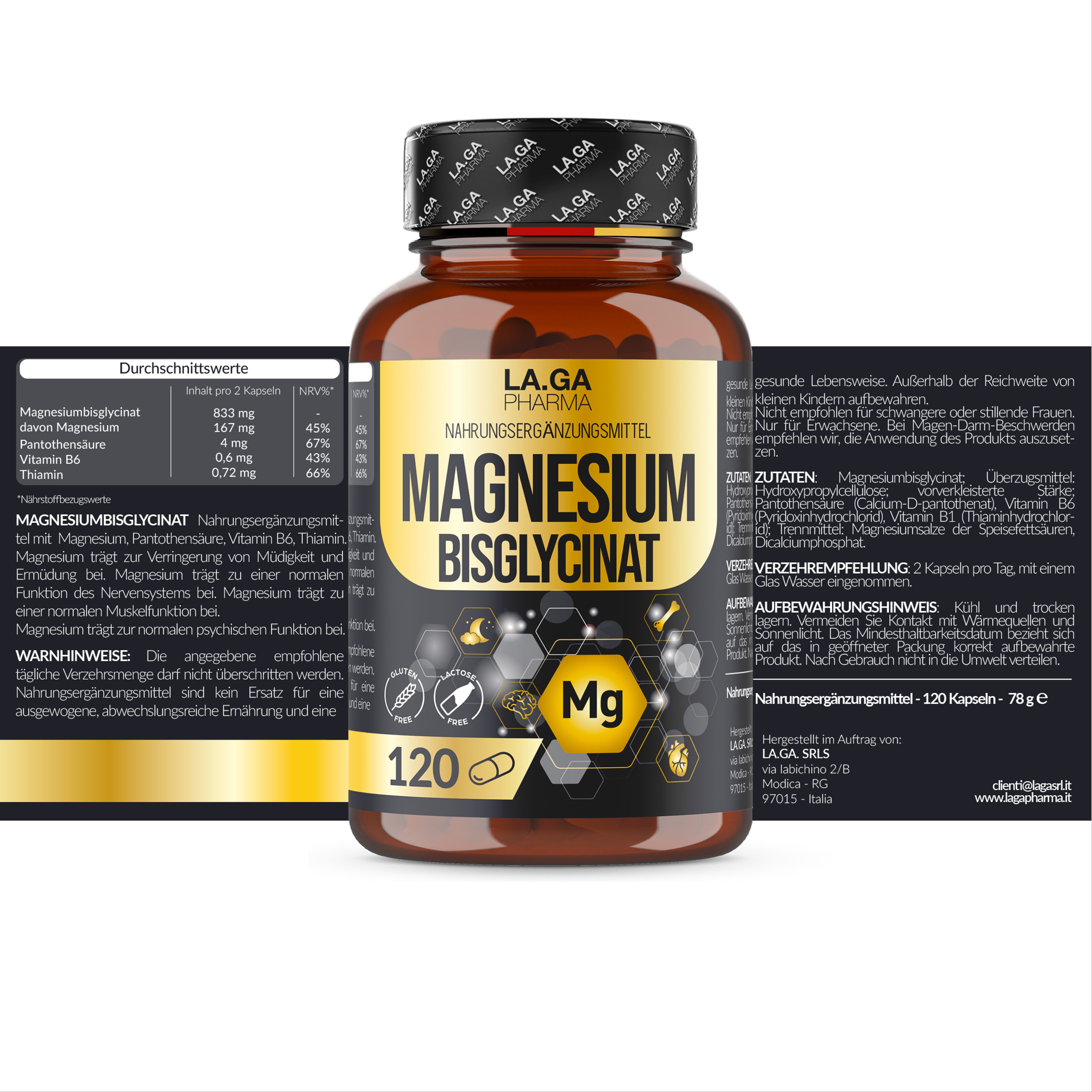 Braune Flasche mit Kapseln und Produktinformationen. Aufschrift: MAGNESIUM BISGLYCINAT. Enthält 120 Kapseln. Mit Logo.