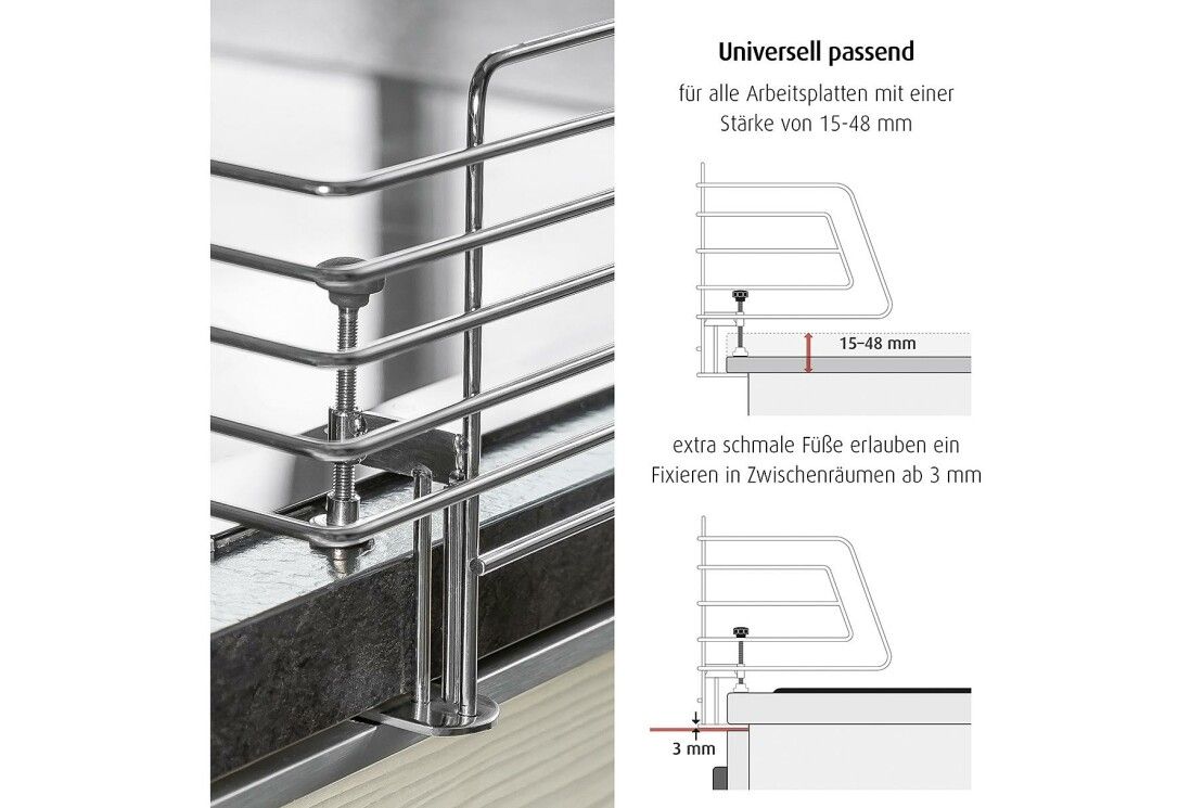 Detailansicht des Metallgitters. Text: Universell passend für Arbeitsplatten mit einer Stärke von 15-48 mm. Extra schmale Füße erlauben Fixieren in Zwischenräumen ab 3 mm.