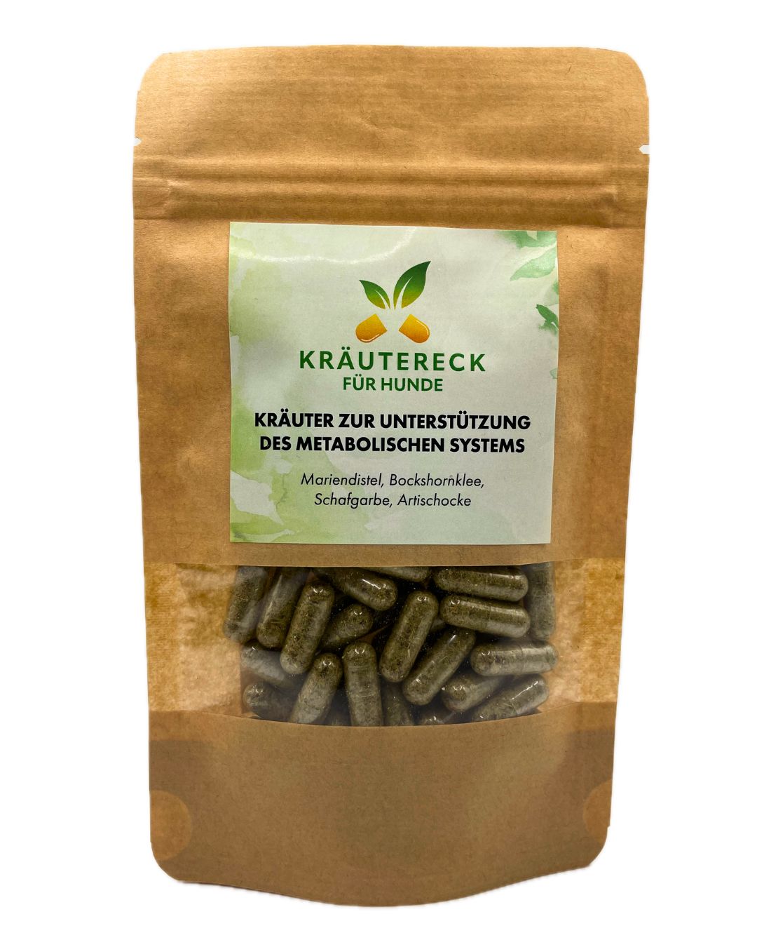 Beutel mit Kräuterkapseln. Sichtfenster zeigt Kapseln. Aufschrift: Kräutereck für Hunde, Kräuter für metabolisches System.