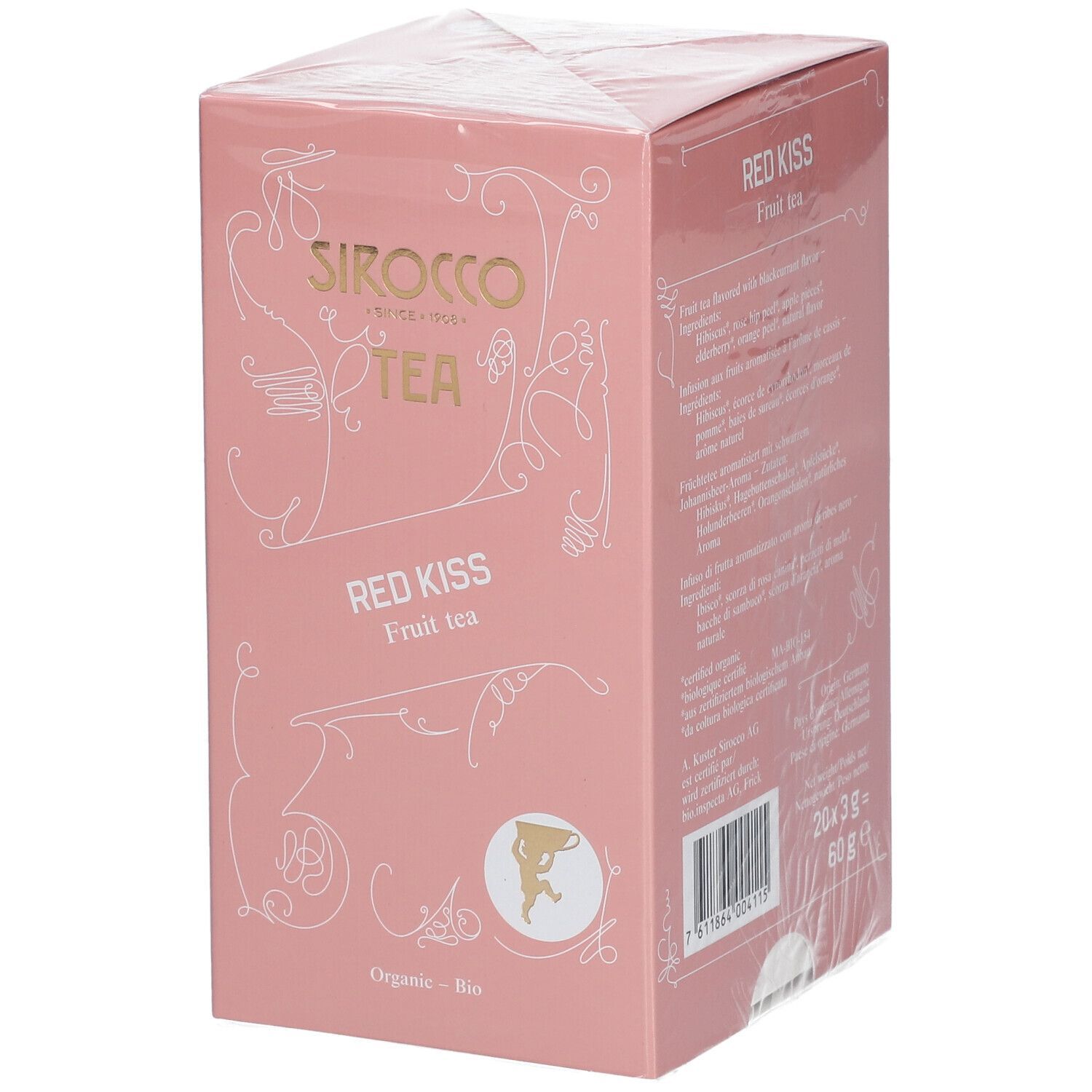Verpackte rosa Schachtel "Sirocco Tea Red Kiss". Barcode und 20x2g. Organisch-Bio-Logo.