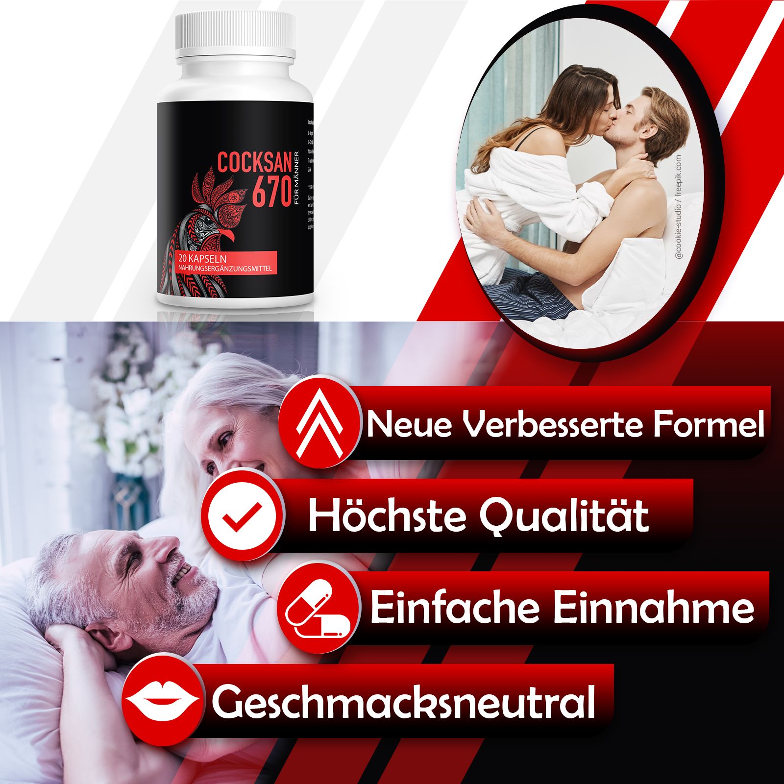 Weiße Flasche mit schwarzem Etikett: Cocksan 670. Text: Neue verbesserte Formel, Höchste Qualität, Einfache Einnahme, Geschmacksneutral.