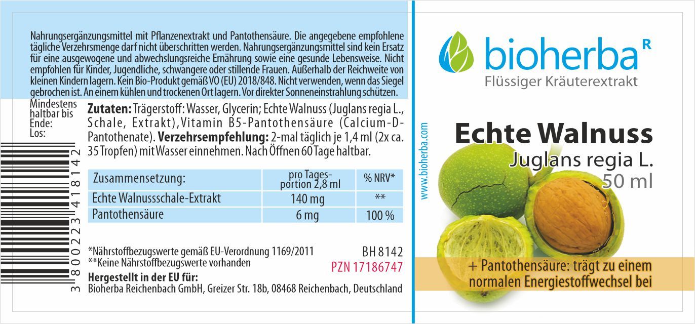 Etikett mit Produktinformationen. Echte Walnuss Juglans regia L. Extrakt, 50 ml. Zutaten, Nährwertangaben, Hersteller.
