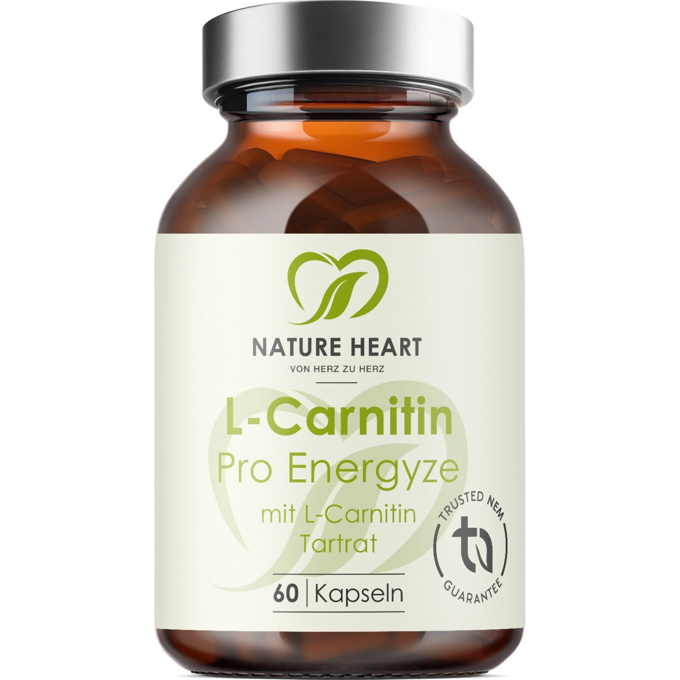 Nature Heart L-Carnitin Pro Energyze Kapseln in Braunglasflasche mit silbernem Deckel.