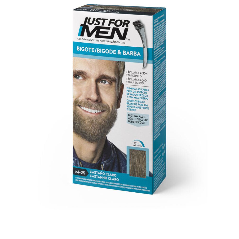 Produktverpackung mit dem Produktnamen. Text: BIGOTE/BIGODE & BARBA, CASTANO CLARO, M-25. Abbildung eines Mannes mit Bart.