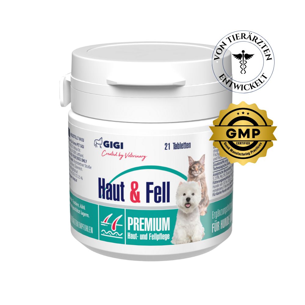 Weiße Dose mit Tabletten. Aufschrift: Haut & Fell, Premium. Siegel: Von Tierärzten entwickelt, GMP.