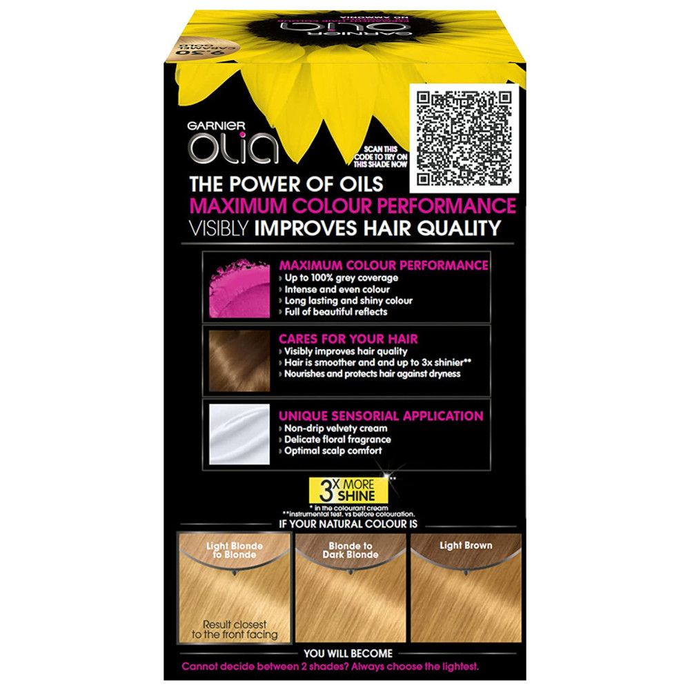 Garnier Olia Haarfarbe-Verpackung, Rückseite. Text: Maximum Colour Performance, verbessert die Haarqualität sichtbar, 3x mehr Glanz.