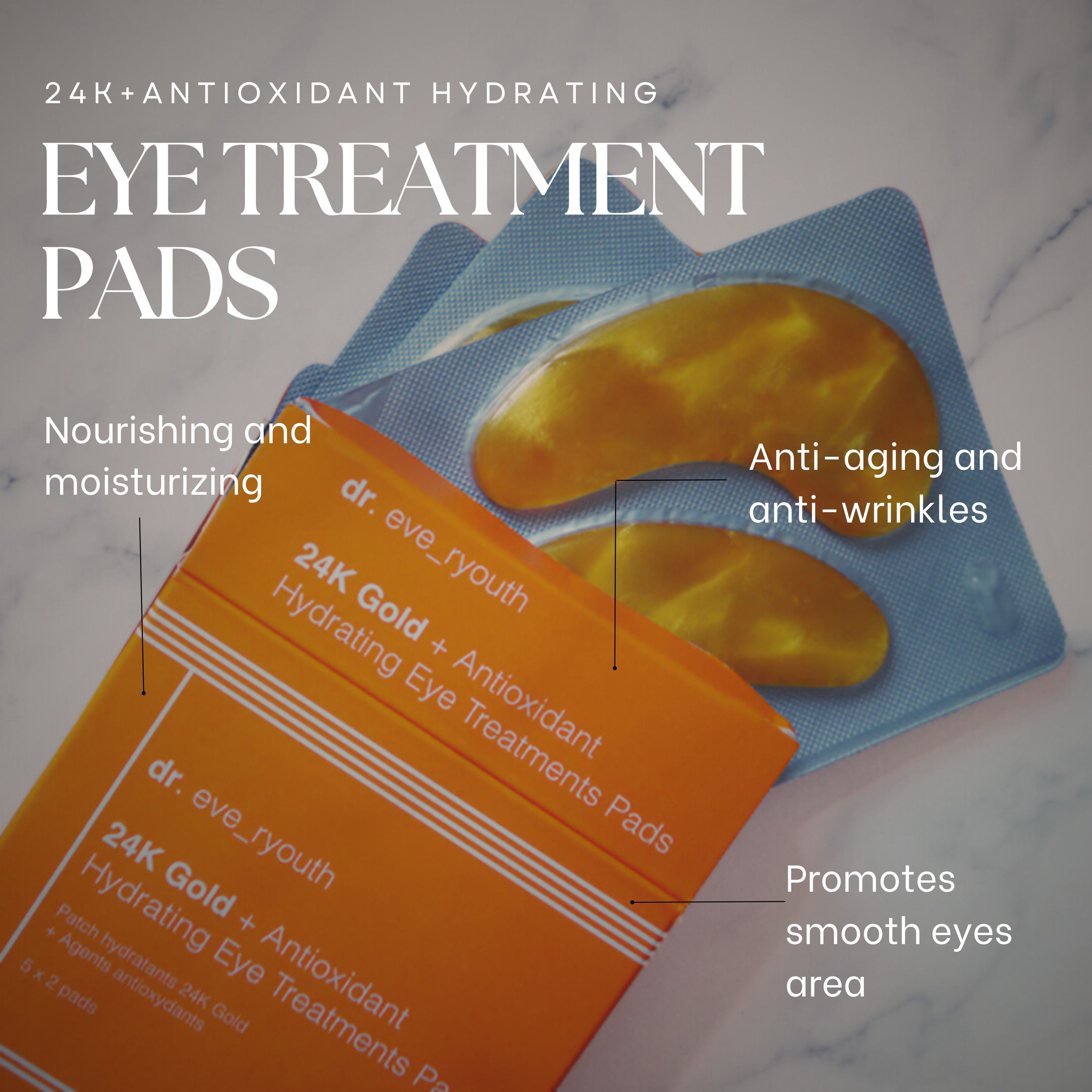 Orangefarbene Schachtel und goldene Augenpads in einer Packung. Text: "dr. eve_ryouth 24K Gold + Antioxidant Hydrating Eye Treatments Pads".