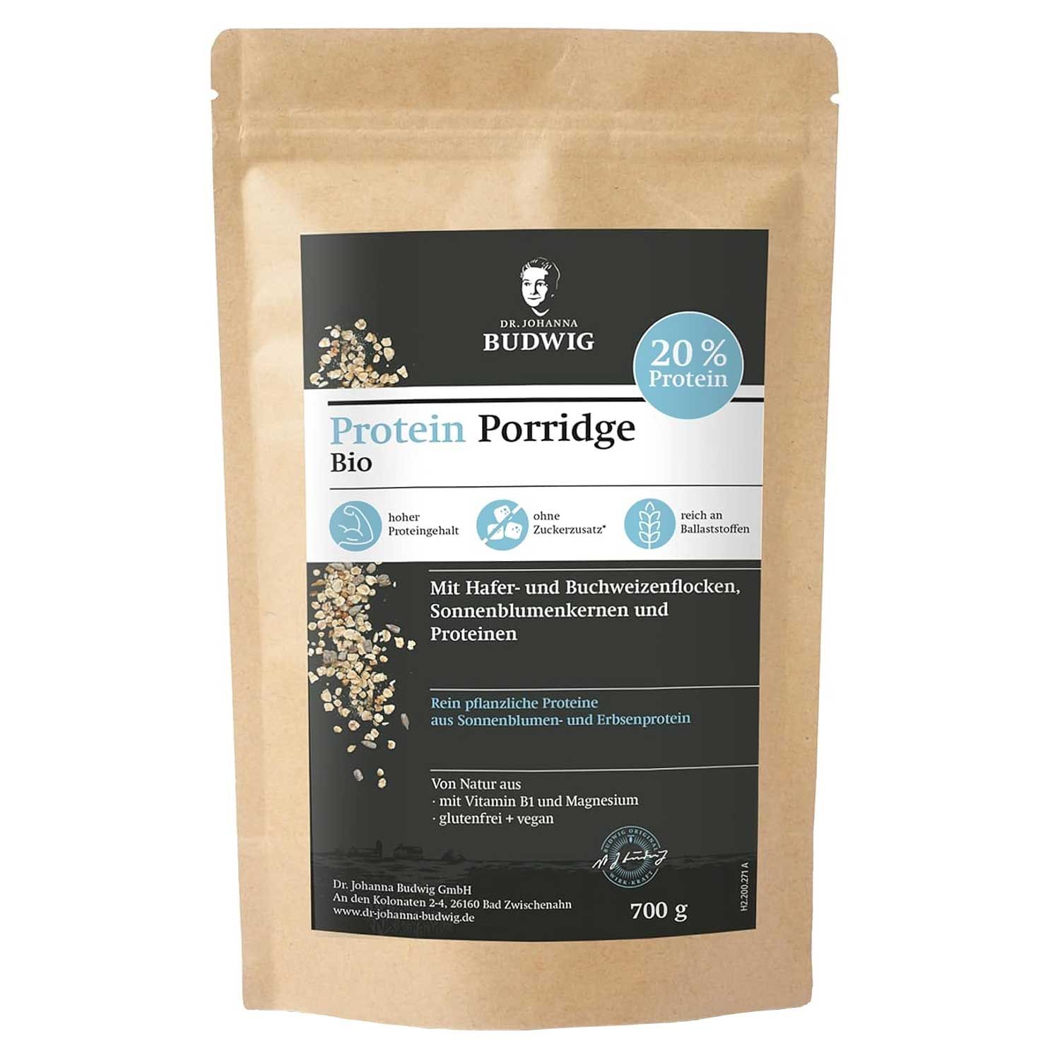 Dr. Johanna Budwig Protein Porridge Bio: Hafer- und Buchweizenflocken, Sonnenblumenkerne, Erbsenprotein. 700g.