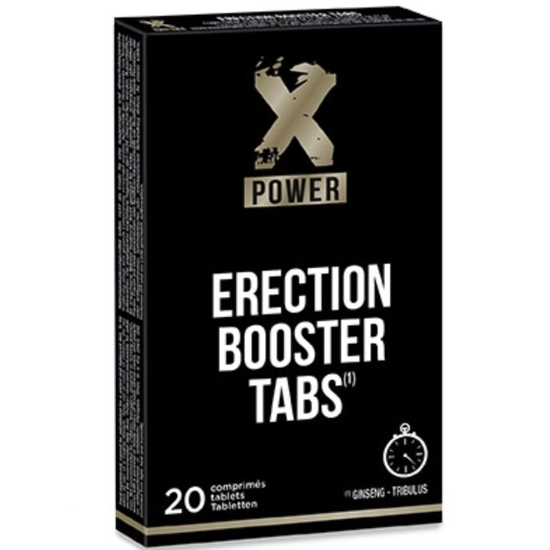 Schwarze Schachtel mit "X POWER" Logo und "Erection Booster Tabs" Schriftzug. Enthält 20 Tabletten.