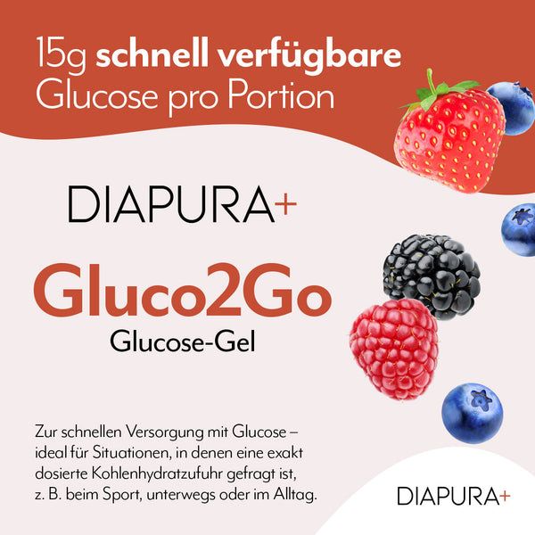 Text mit Produktname DIAPURA+ Gluco2Go Glucose-Gel. Abgebildet sind Erdbeere, Brombeere, Himbeere und Blaubeeren. Text: 15g schnell verfügbare Glucose pro Portion.