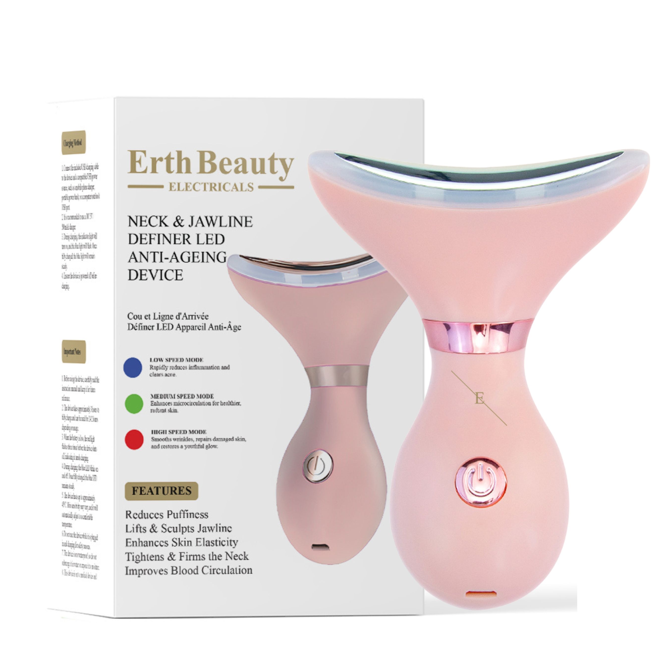 Rosa LED Anti-Aging Gerät für Hals und Kinnlinie mit Ladeanschluss und Power-Knopf.