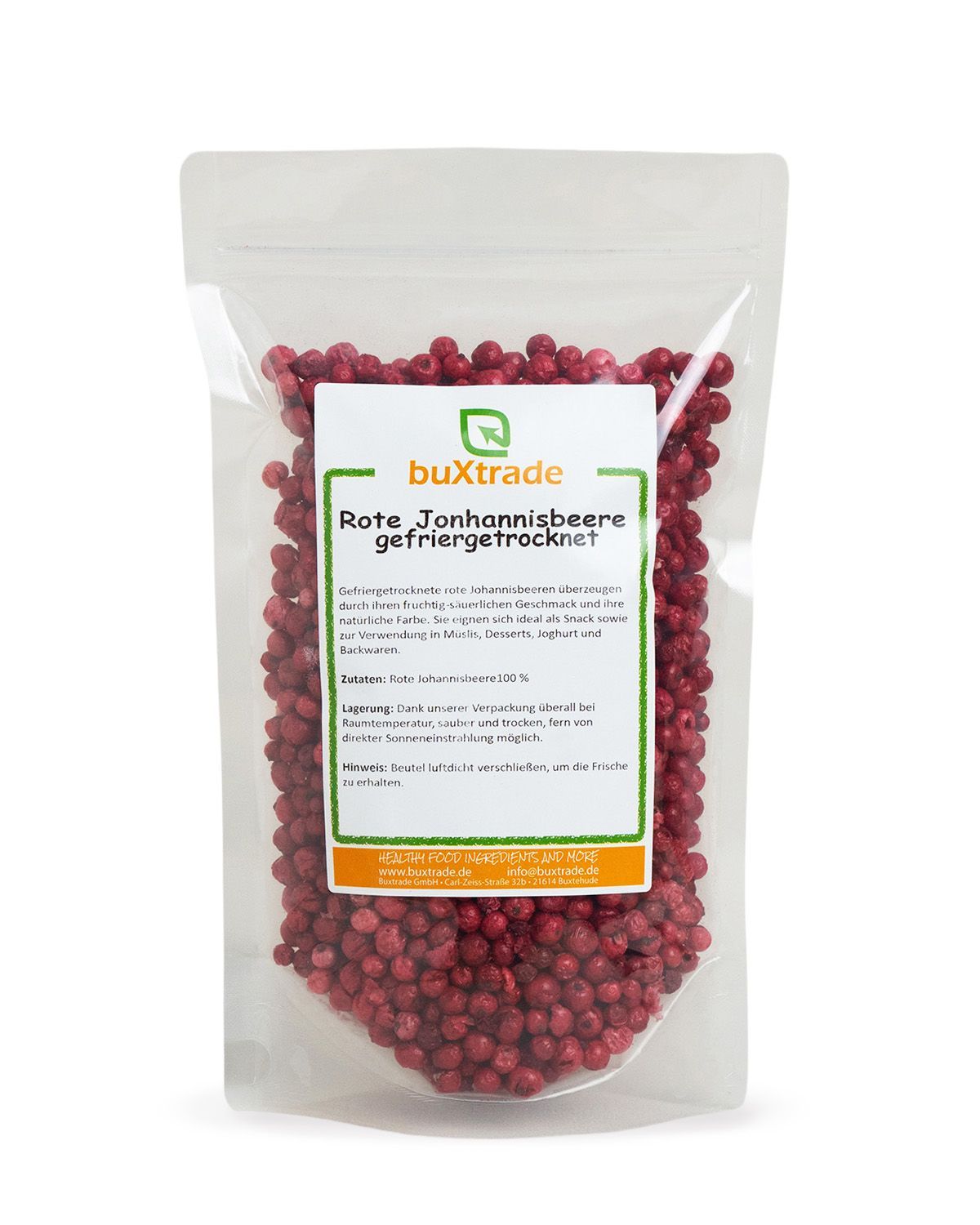 Gefriergetrocknete rote Johannisbeeren in transparenter Verpackung mit Etikett.