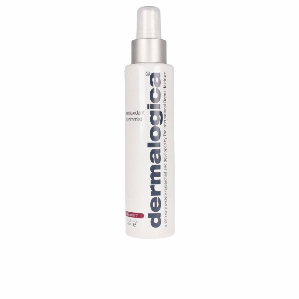 Weiße Flasche mit Sprühkopf. Aufschrift: antioxidant hydramist. Marke: Dermalogica. Roter Streifen mit Text.