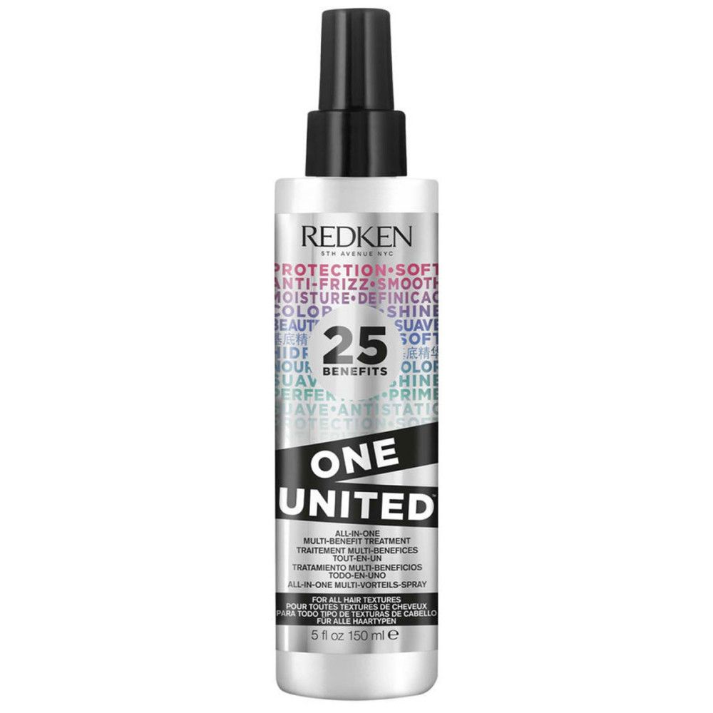 Haarspray-Flasche mit schwarzem Sprühkopf. Silberne Flasche mit Text. Marke Redken. Produktname: ONE UNITED. 25 Vorteile.