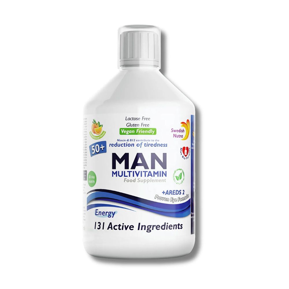 Weiße Flasche mit Aufschrift MAN Multivitamin. Enthält 131 aktive Inhaltsstoffe. Vegan, laktose- und glutenfrei. Marke: Swedish Nutra.