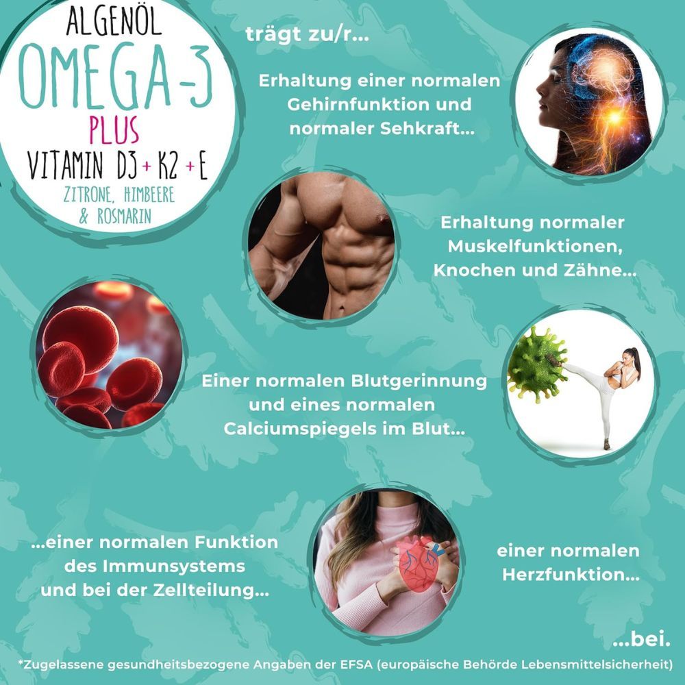 Kreisförmige Infografik mit Text und Bildern. Beschreibt Vorteile von Omega-3 Algenöl Plus. Themen: Gehirn, Muskeln, Blut, Immunsystem, Herz.