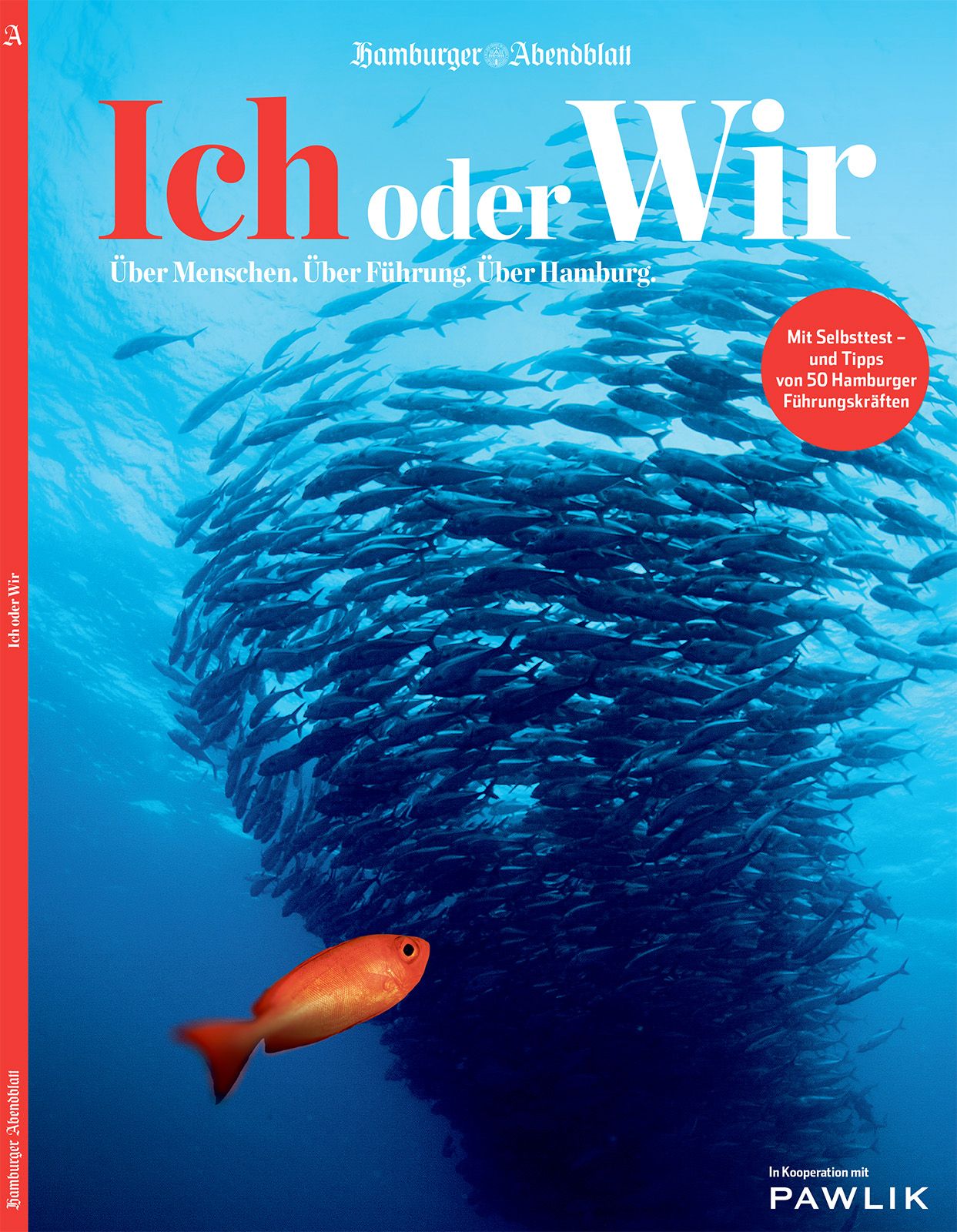Buchcover mit Titel "Ich oder Wir". Unterwasser-Szene mit Fischschwarm und einem einzelnen Fisch. Text: Über Menschen. Über Führung. Über Hamburg.