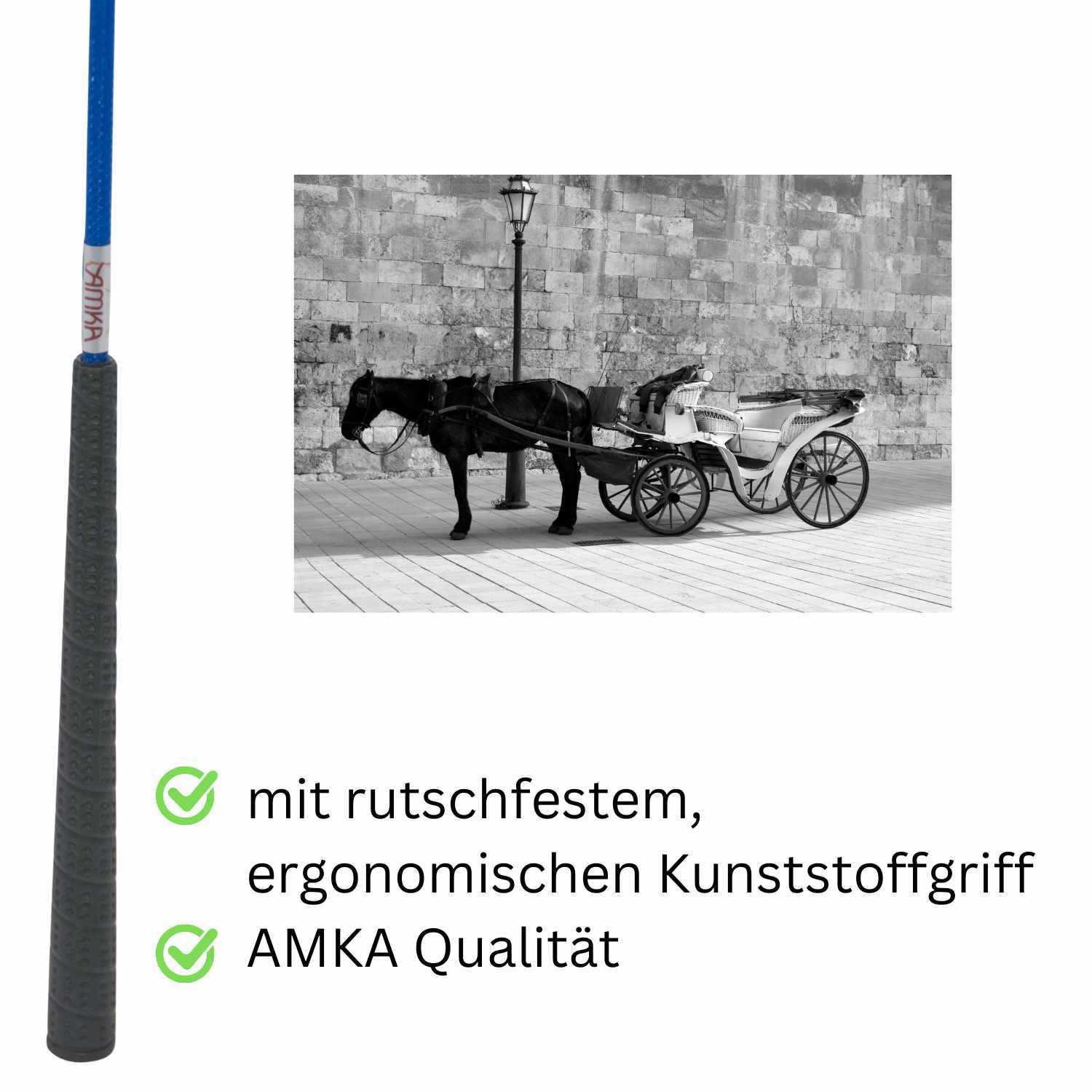 Blaue Peitsche mit grauem Griff. AMKA-Qualität. Text: mit rutschfestem, ergonomischen Kunststoffgriff.