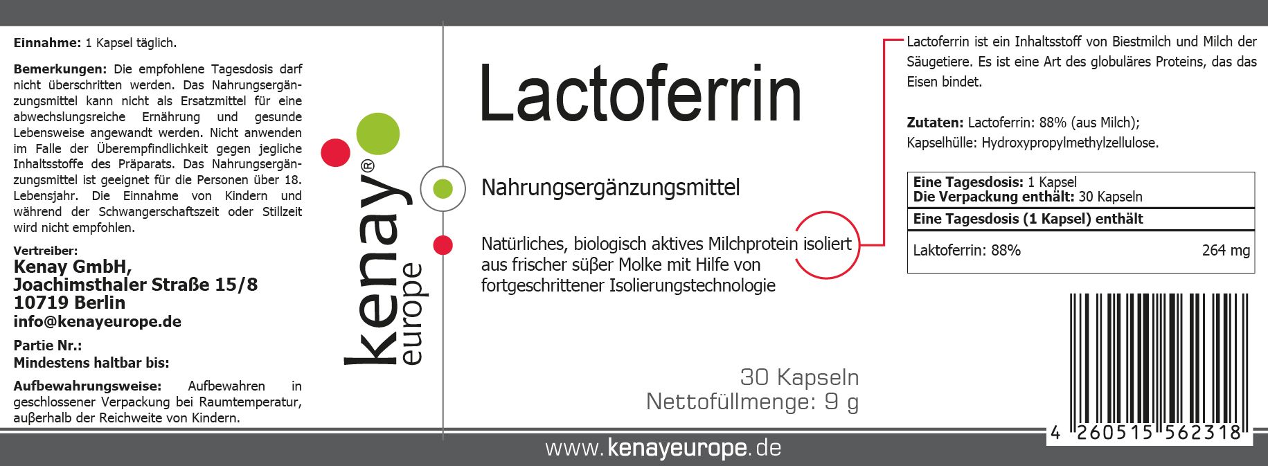 Etikett mit "Lactoferrin" und "kenay europe" Logo. Enthält Informationen zu Inhaltsstoffen und Dosierung. 30 Kapseln.
