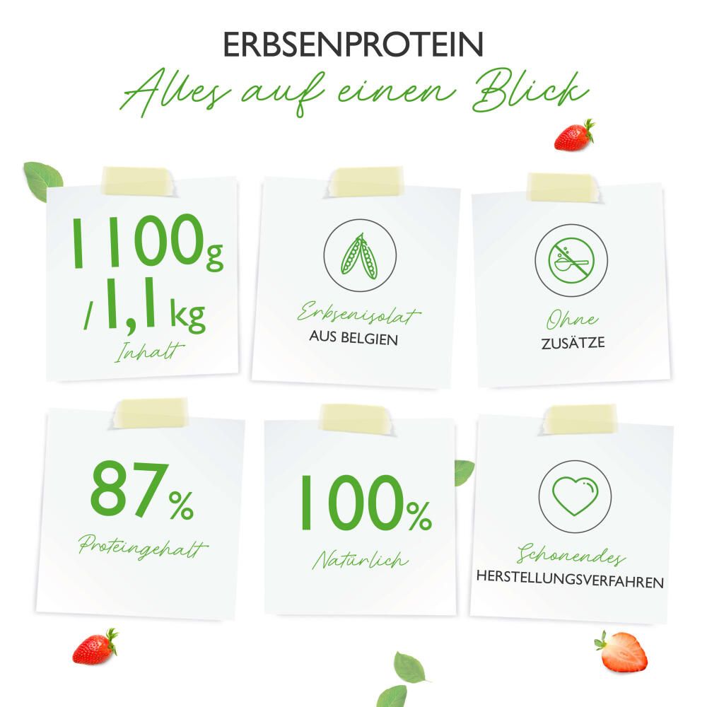 Infografik mit Informationen zu Erbsenprotein. Enthält Angaben zu Inhalt, Herkunft, Zusätzen, Proteingehalt, Natürlichkeit und Herstellungsverfahren.