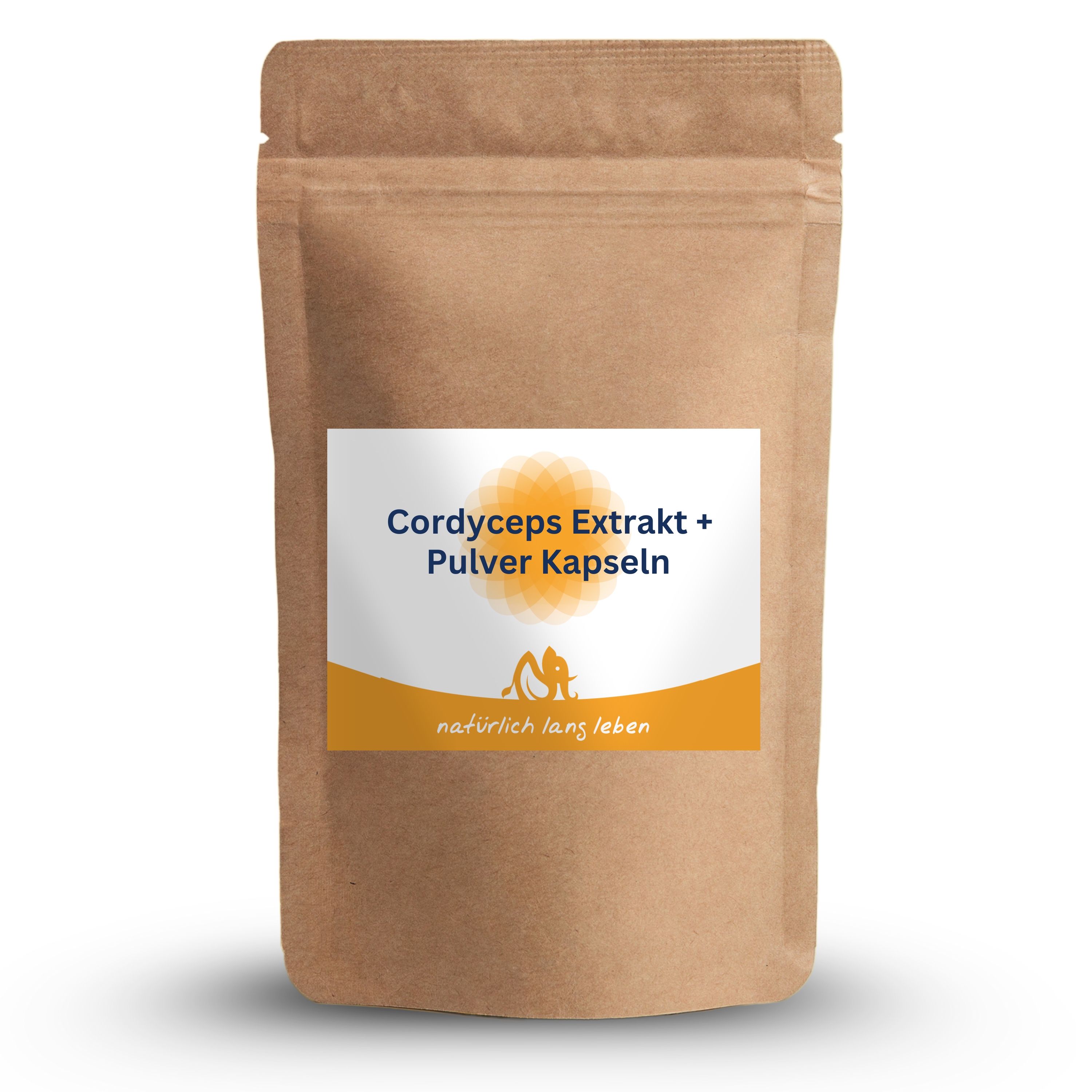 Braune Standbodenbeutel mit Etikett. Aufschrift: Cordyceps Extrakt + Pulver Kapseln. Logo: natürlich lang leben.