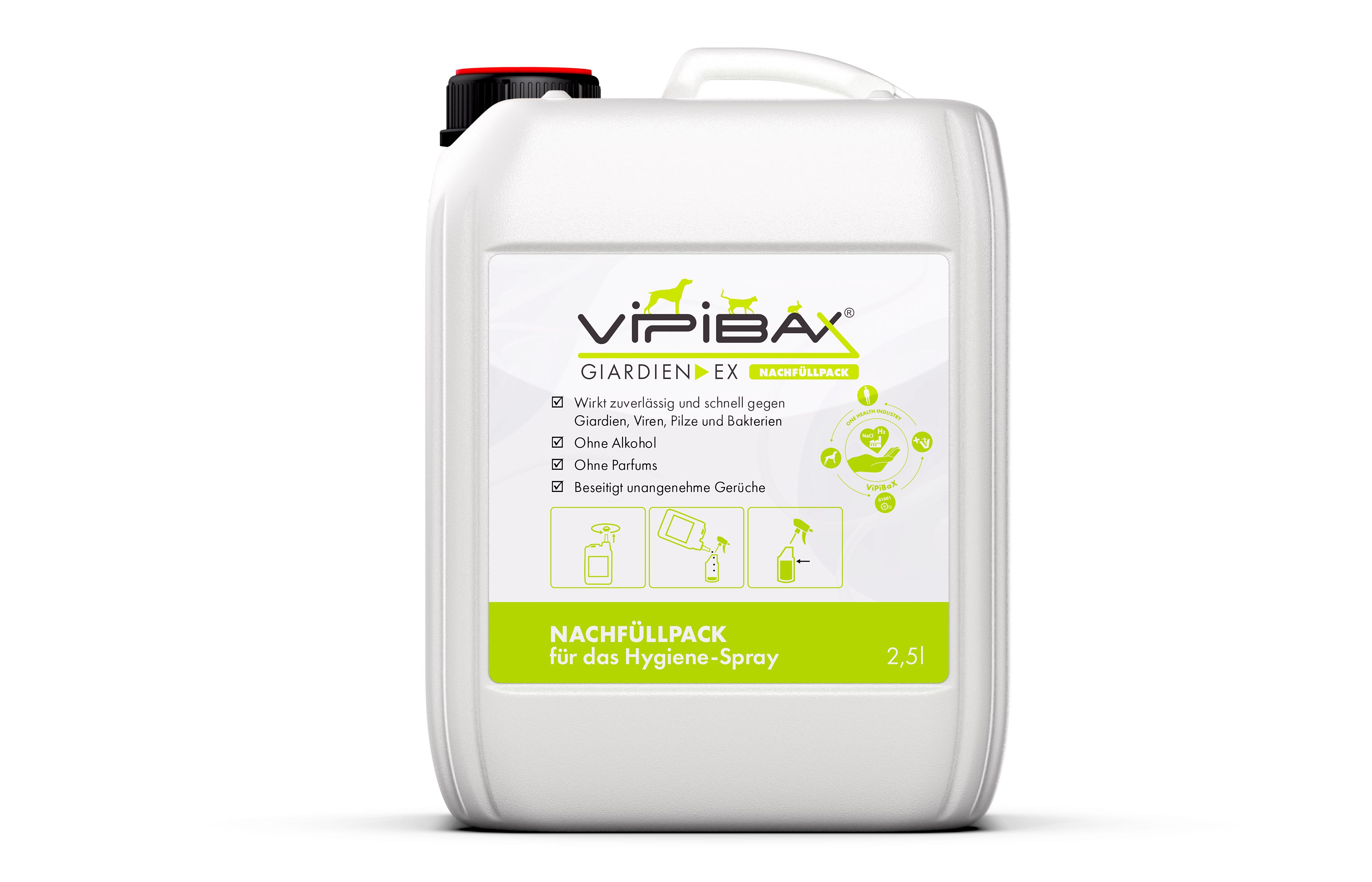 Weißer Nachfüllpack mit schwarzem Deckel. Text: ViPiBaX Giardien EX® Nachfüllpack für Hygiene-Spray.