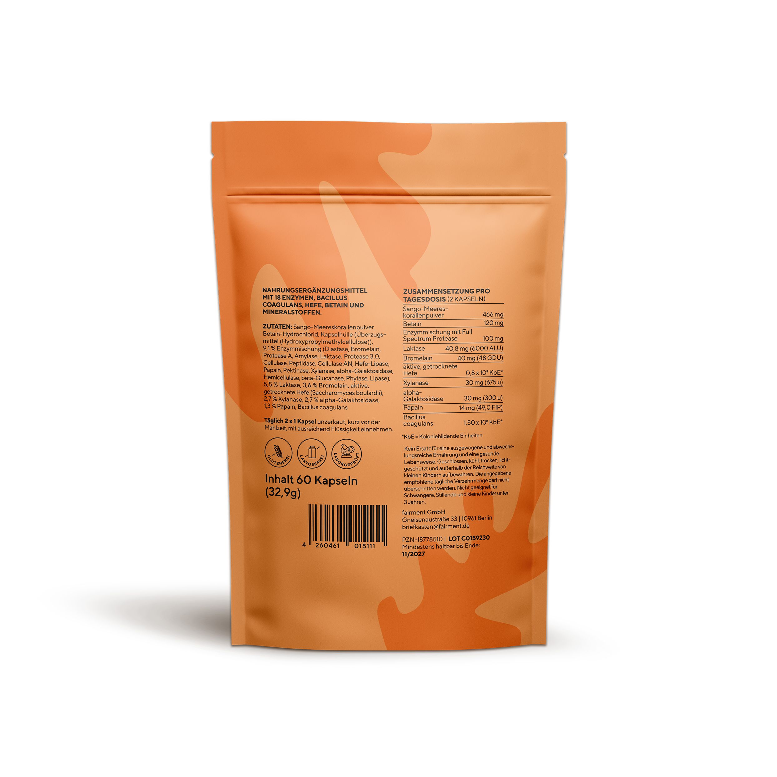 Rückseite der Produktverpackung. Enthält Informationen zu Inhaltsstoffen, Nährwerten und Hersteller. Text in Deutsch.