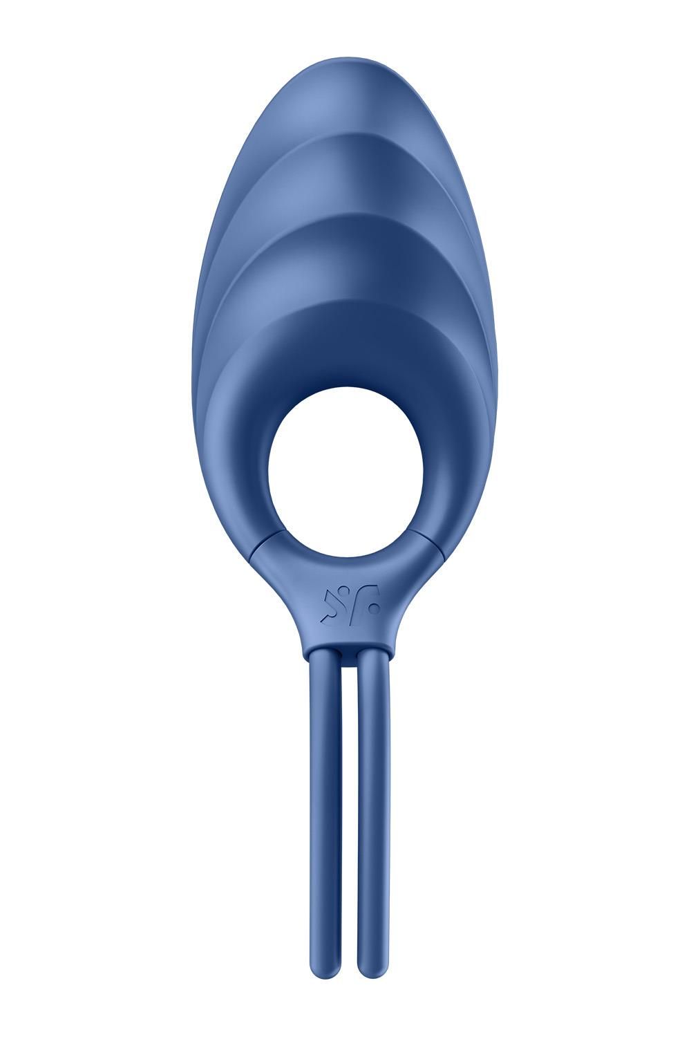 Blauer Ring Vibrator. Ringförmiger Teil mit geriffelter Oberfläche. Zwei Stiele. Logo "sr".